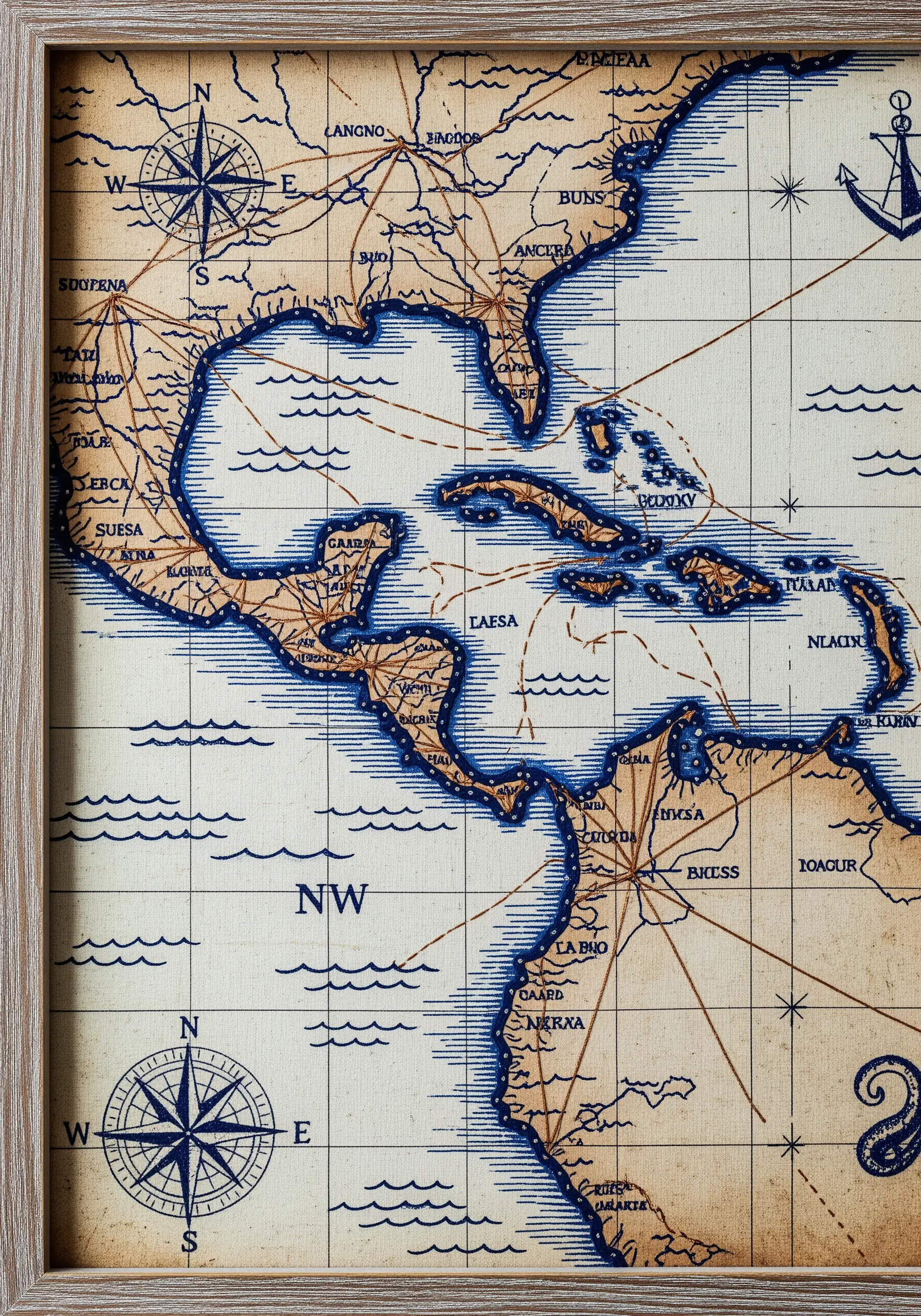 A vintage-style printed map of the Caribbean with blue water and sepia land masses.