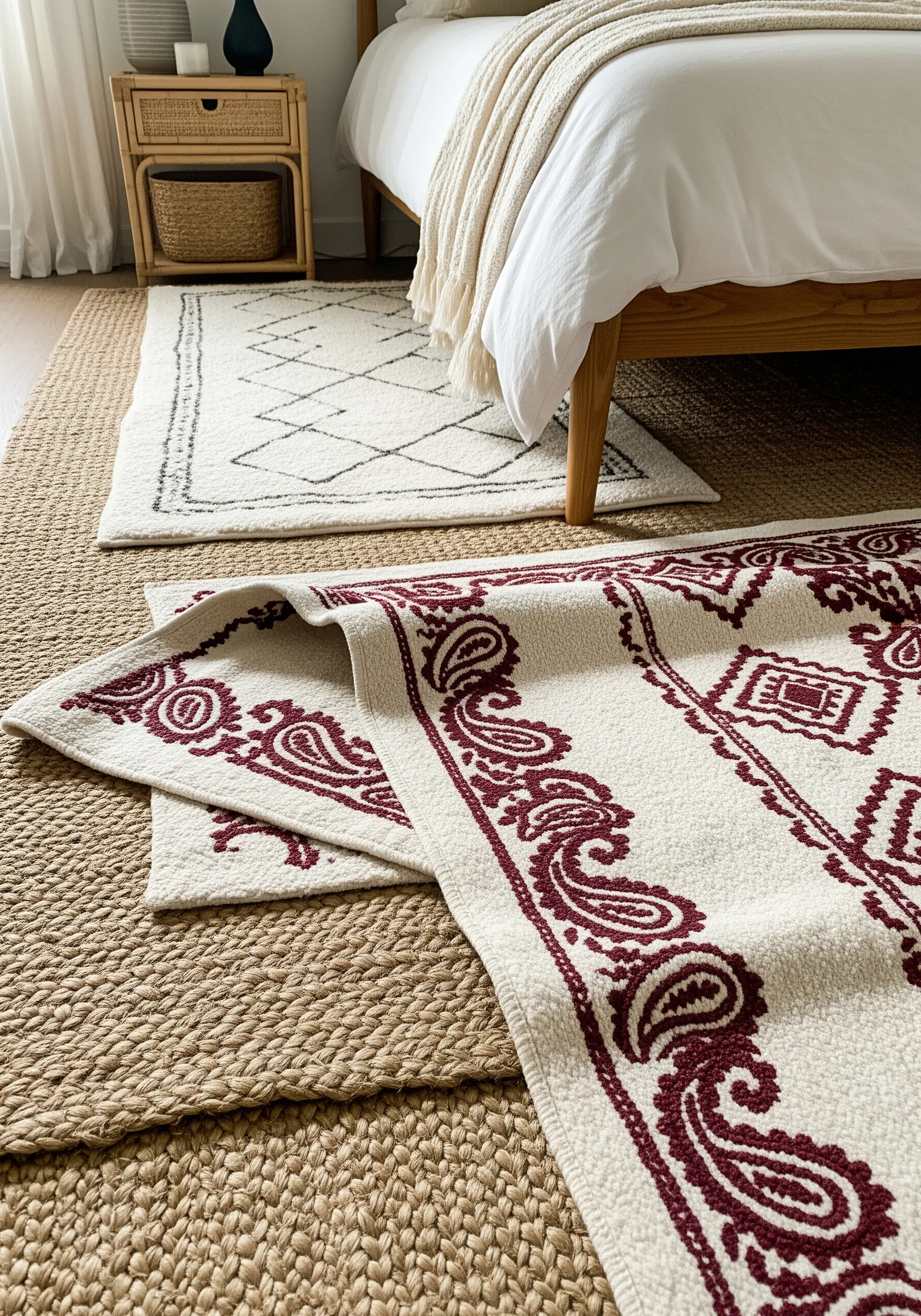 A close-up of a cream-colored rug with a dense, burgundy embroidered paisley border.