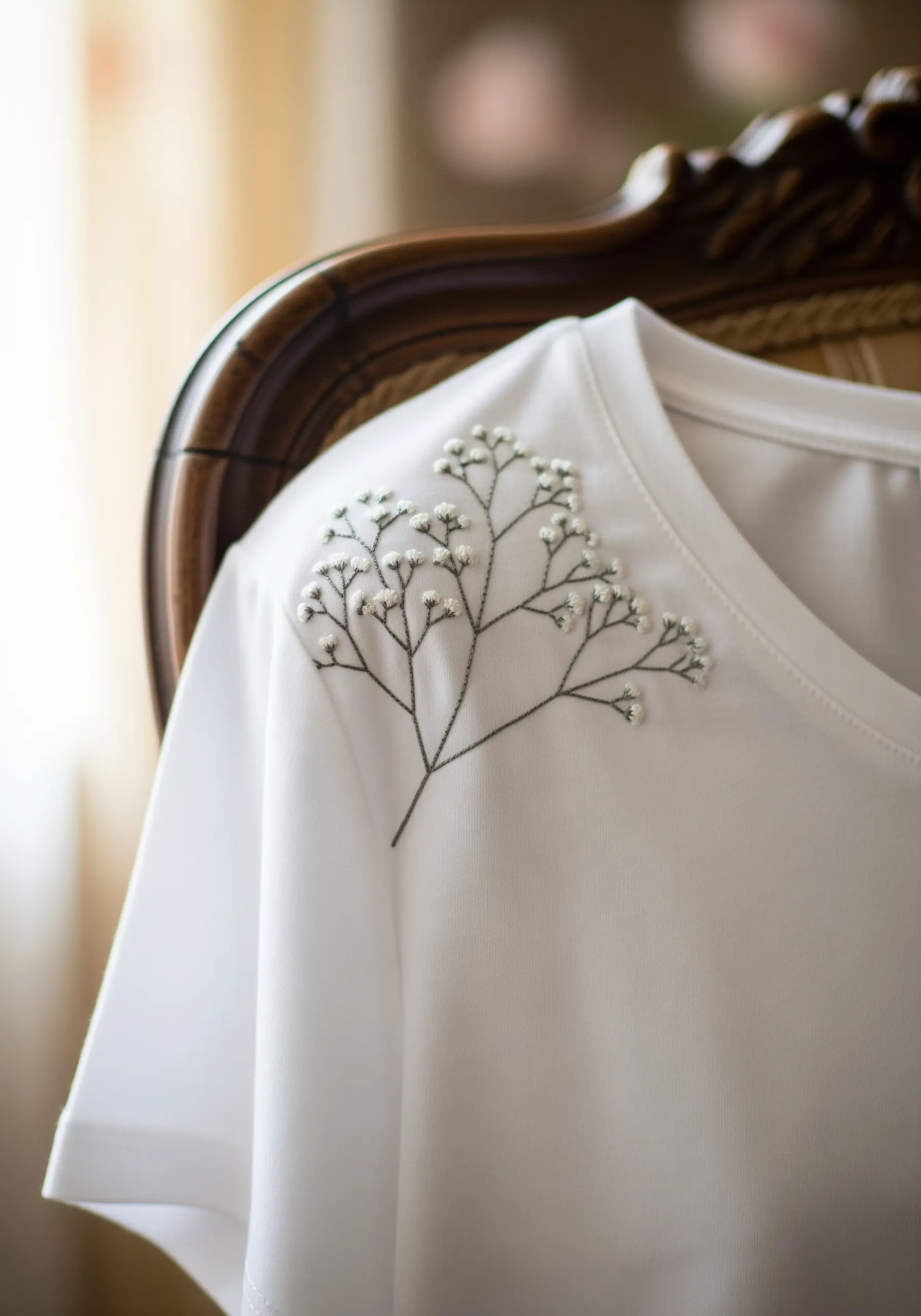Delicate baby's breath embroidered on the shoulder of a white t-shirt.