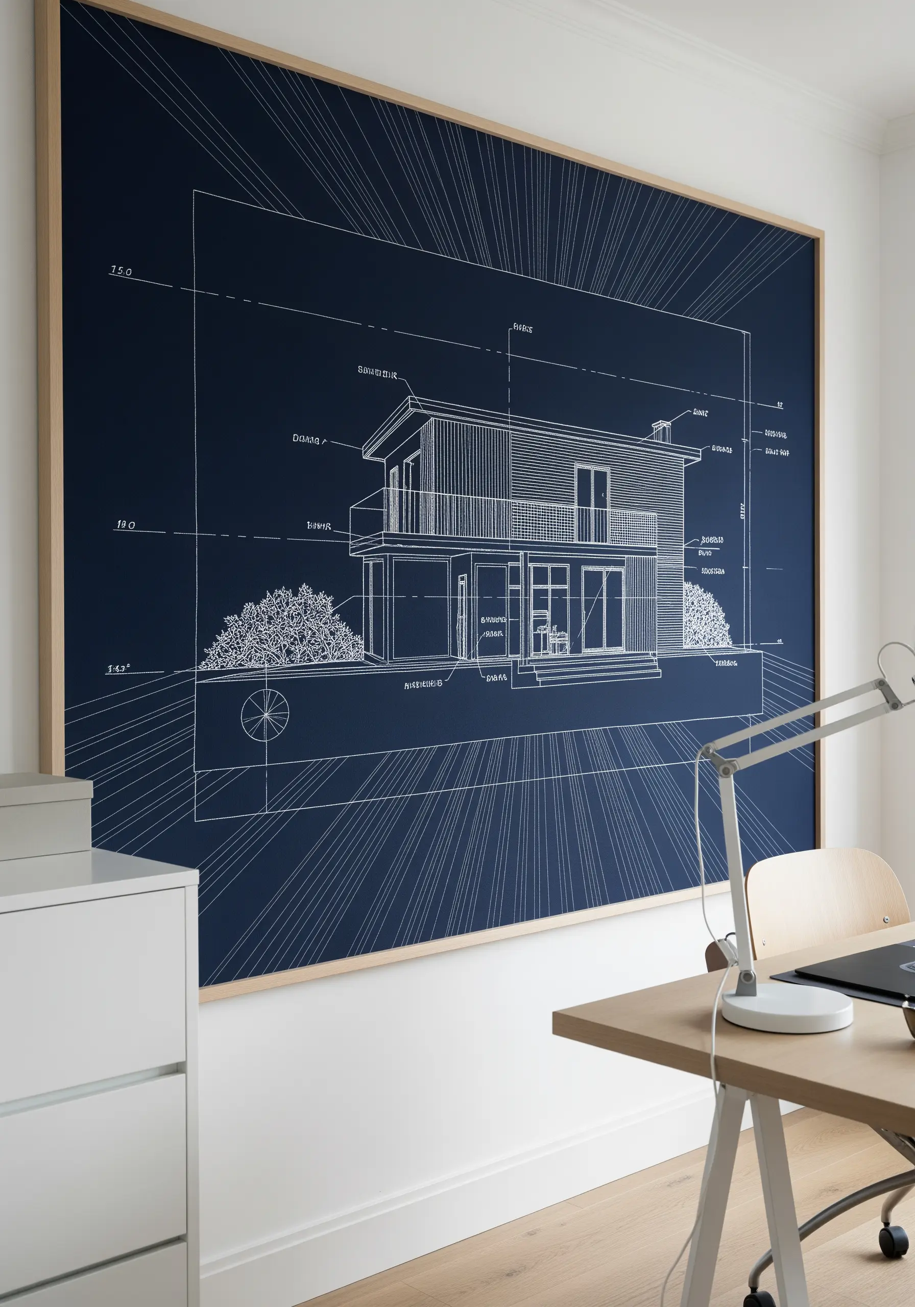 A large, framed piece of embroidery depicting a house blueprint with white thread on navy fabric.