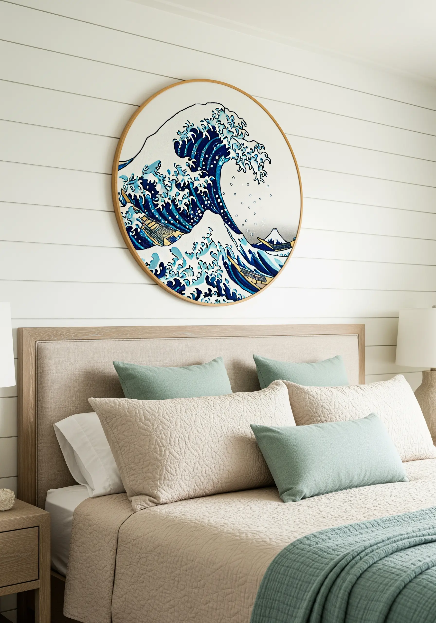 An embroidered version of 'The Great Wave off Kanagawa' in a large circular frame above a bed.