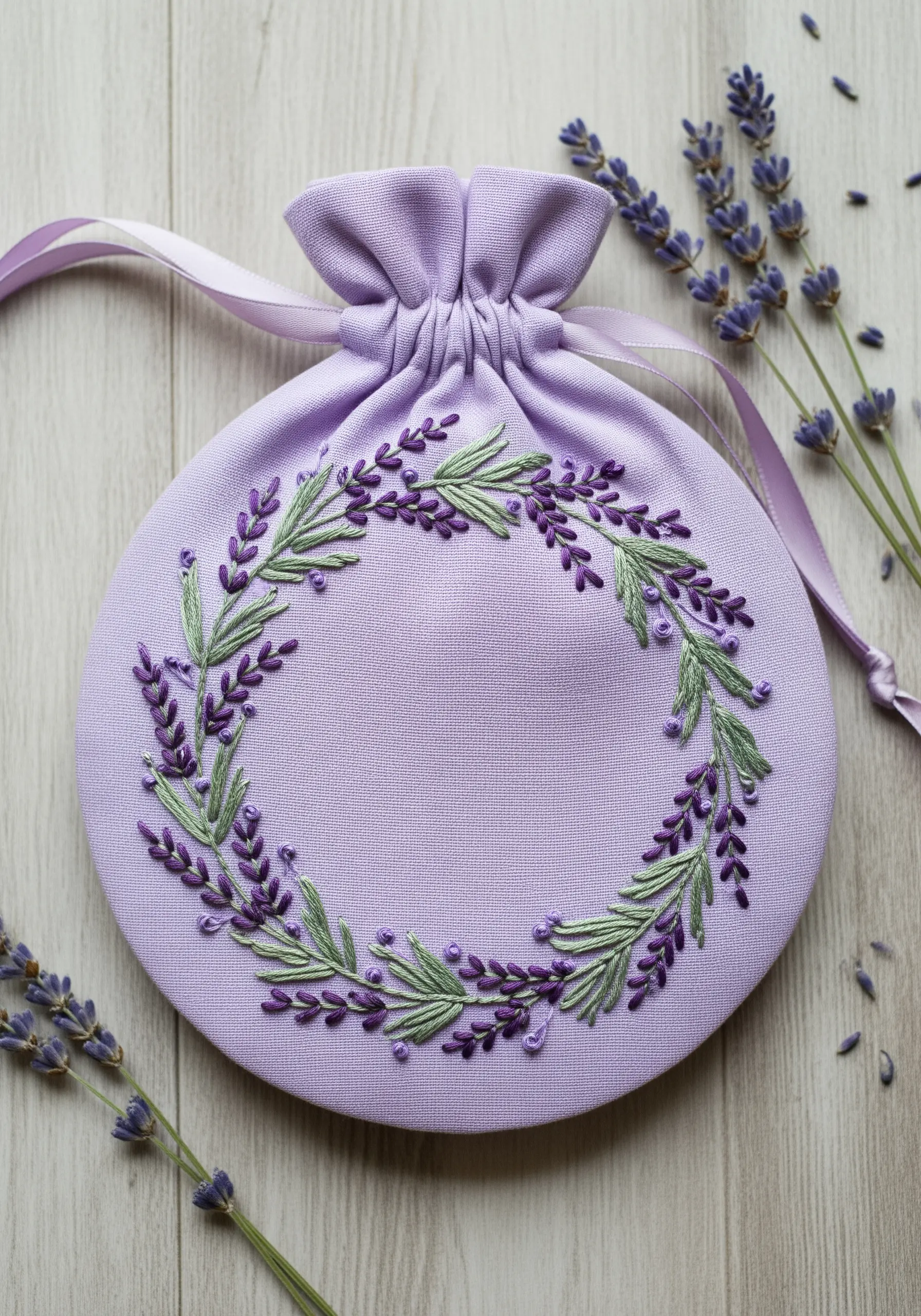An embroidered wreath of lavender with purple French knot blossoms and sage green stems.