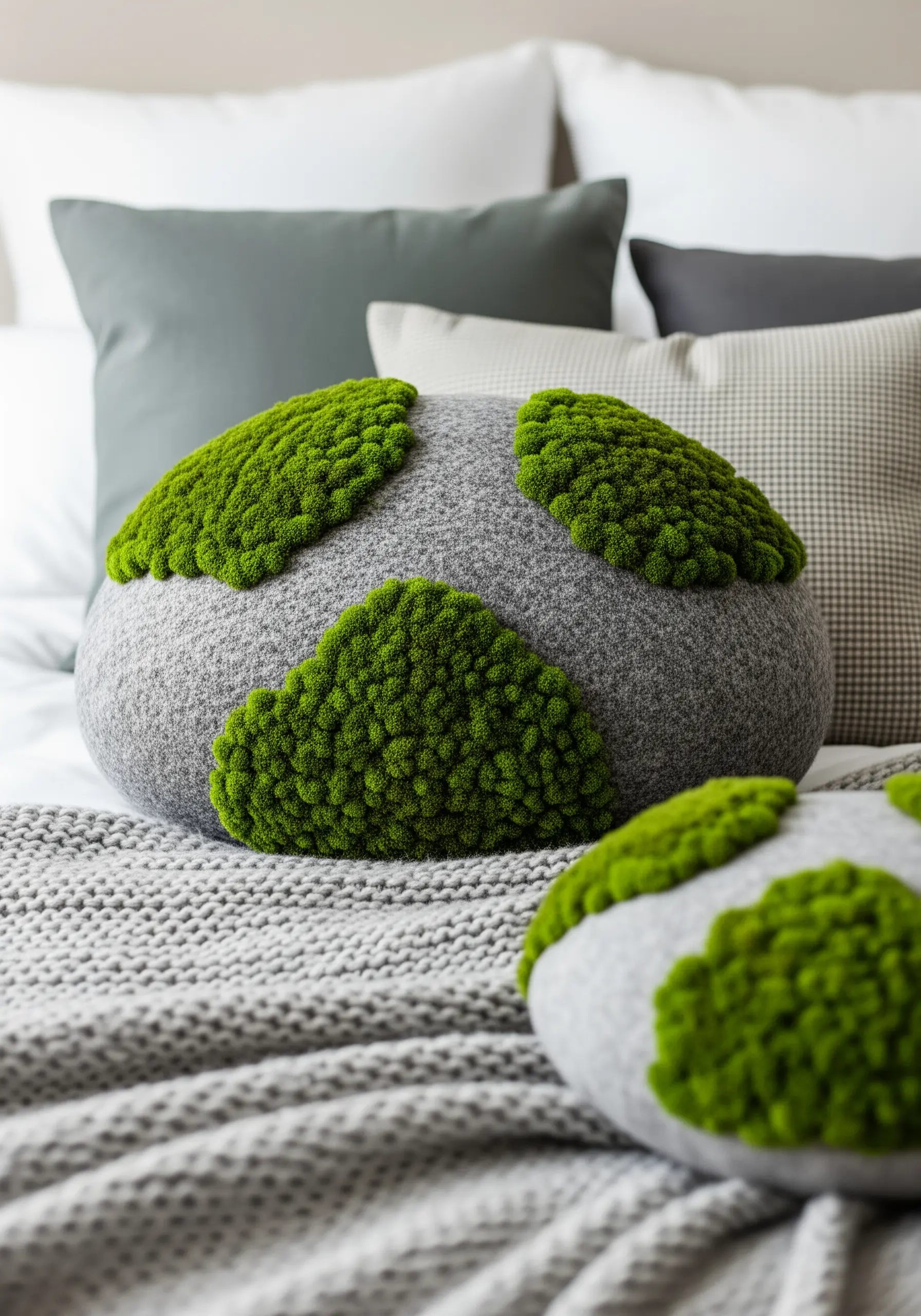 Two round, grey felt pillows with patches of high-texture green embroidery that looks like moss.