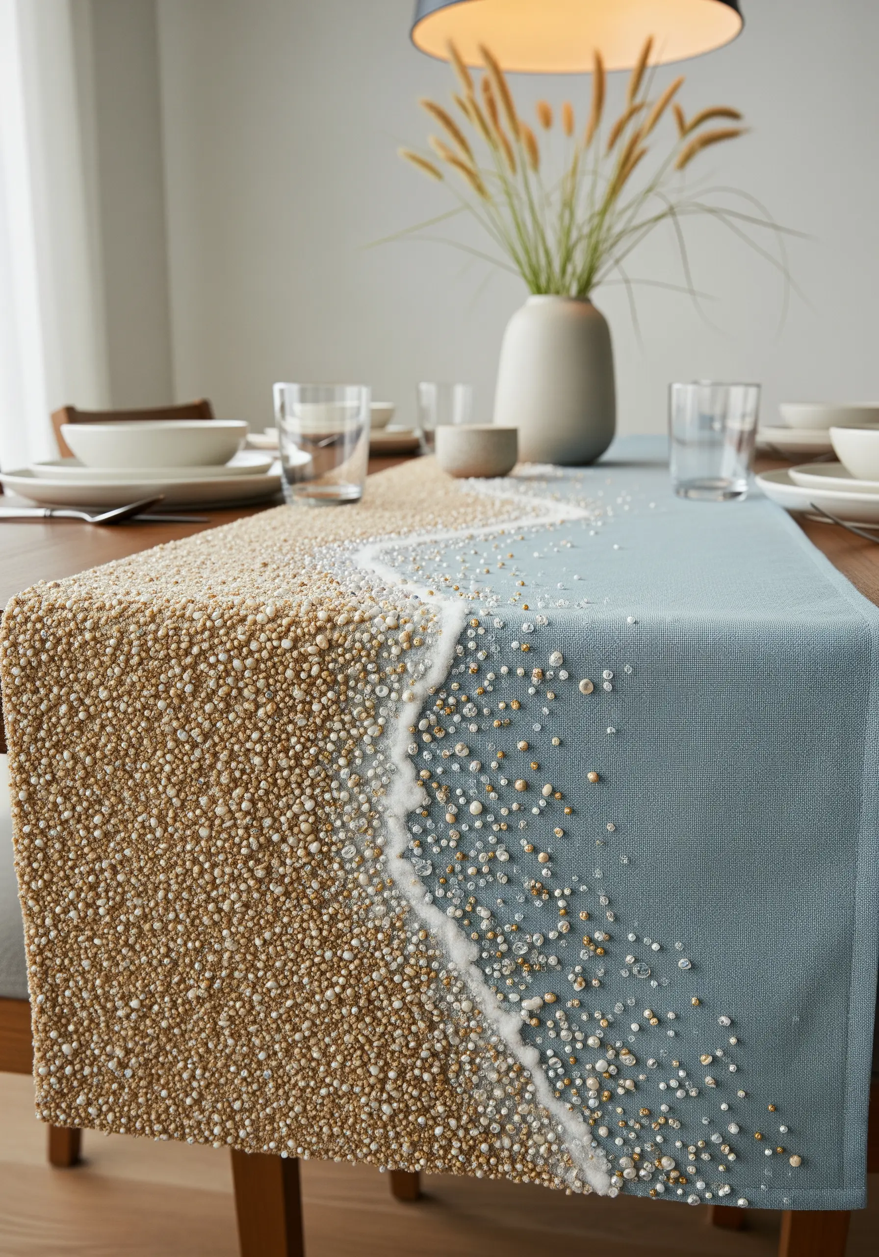 Table runner with a shoreline design using dense gold and white seed beads to create sand texture.