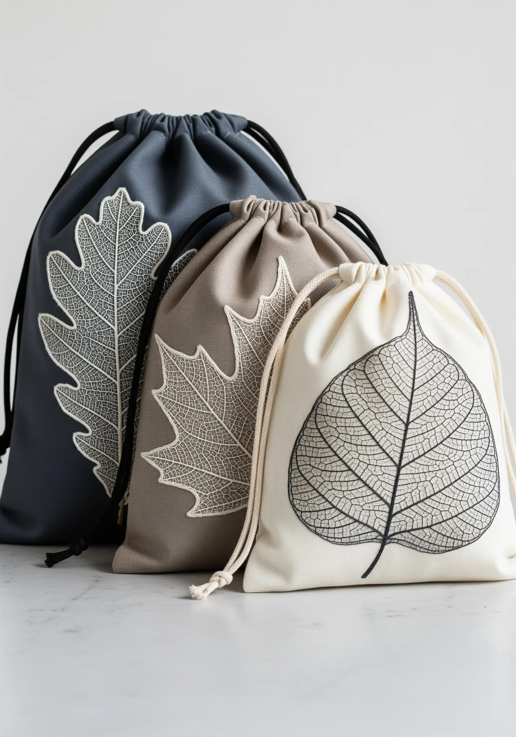 Three drawstring bags featuring highly detailed skeleton leaf embroidery in black and white.