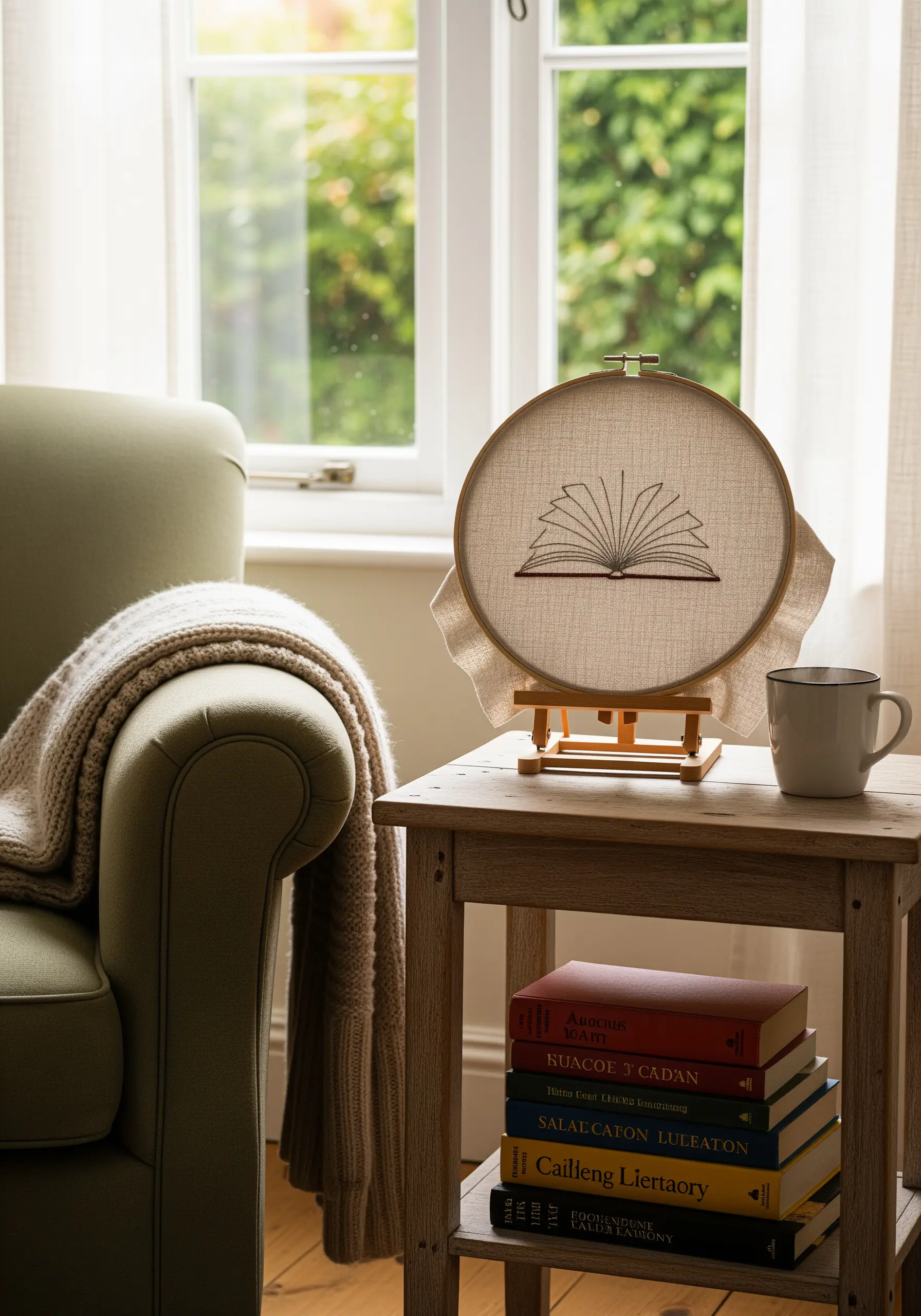 Embroidery hoop on a small easel, showing a delicate line-art drawing of an open book.