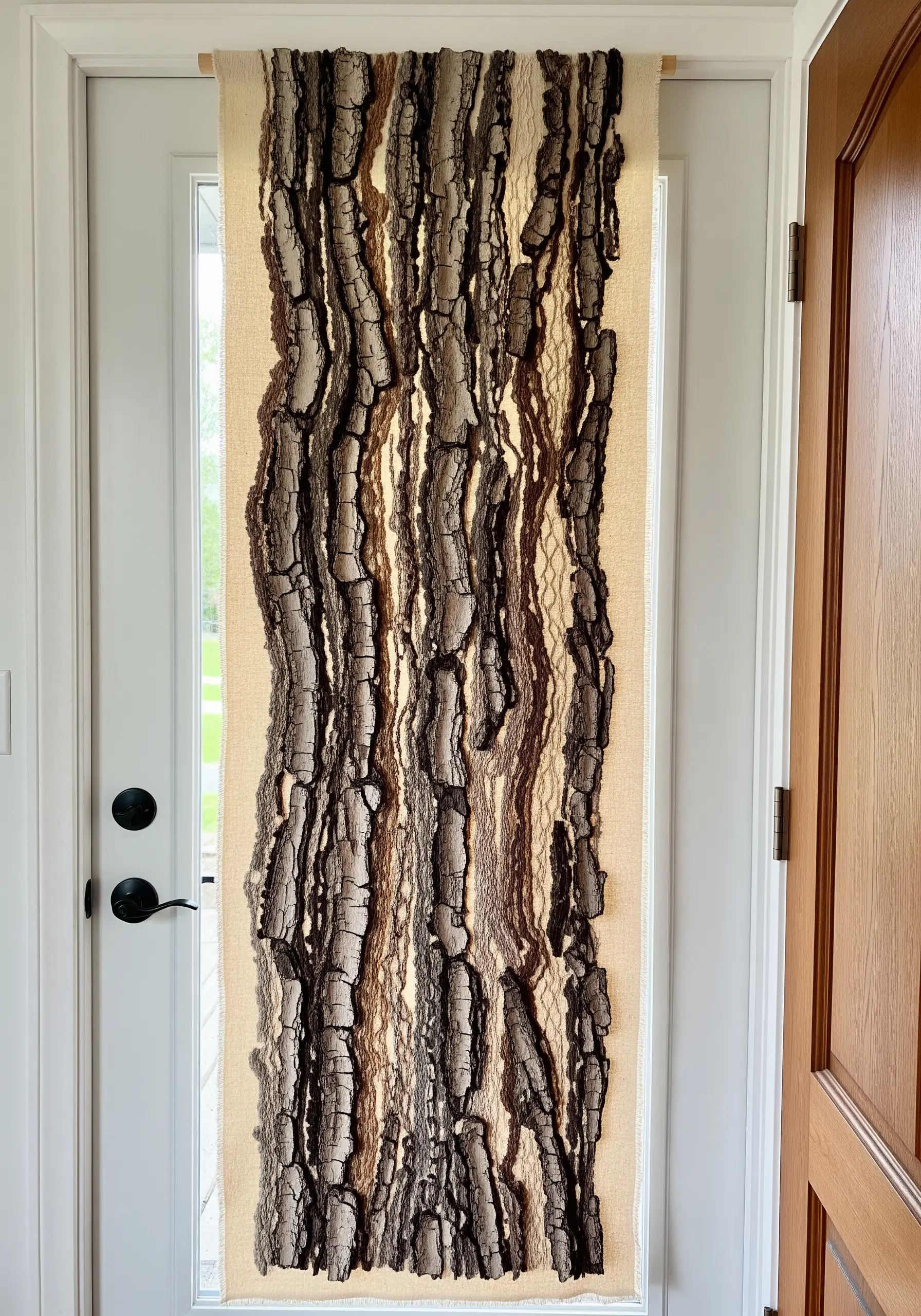 A fiber art wall hanging mimicking the texture of tree bark with fabric and thread.