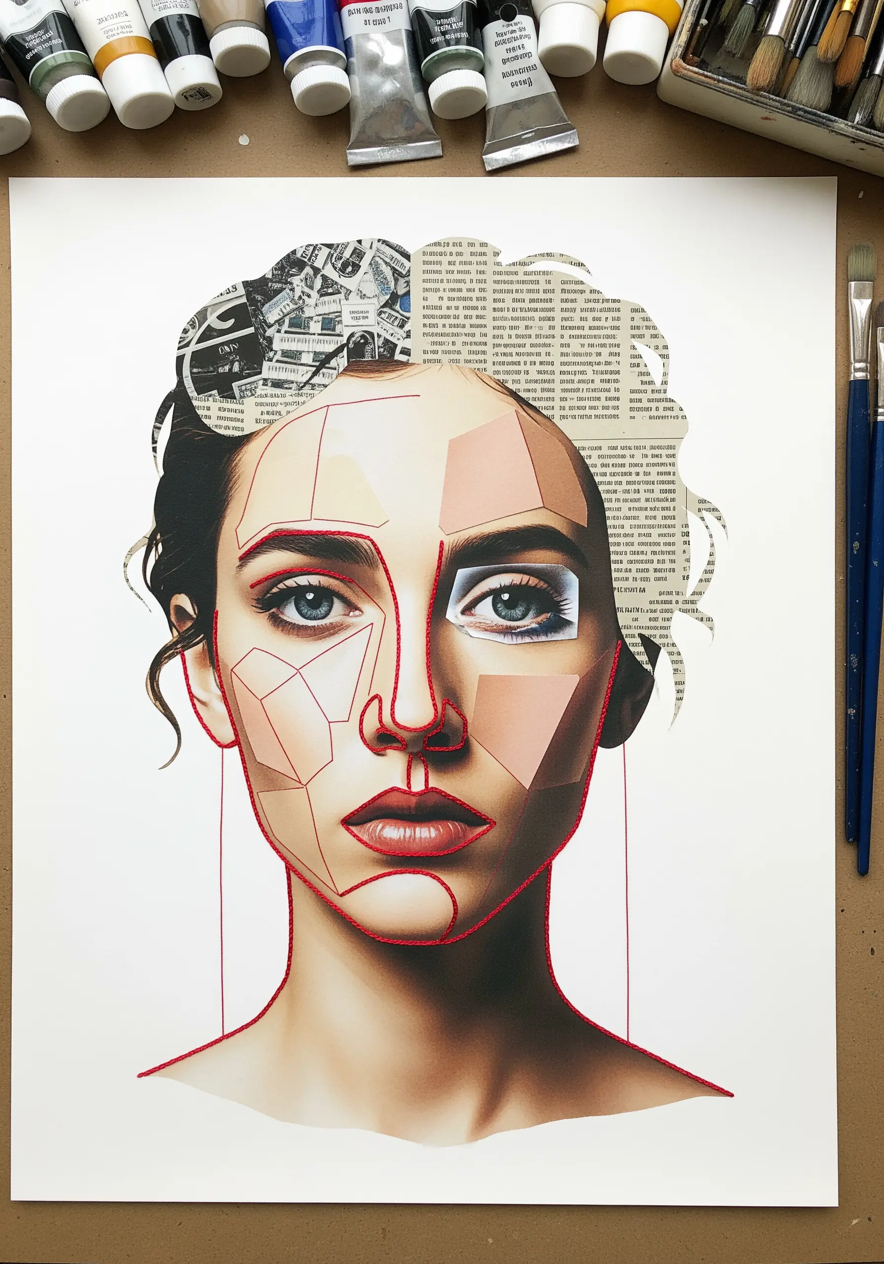 A mixed-media portrait with newspaper collage and red thread stitched in geometric facial contours.