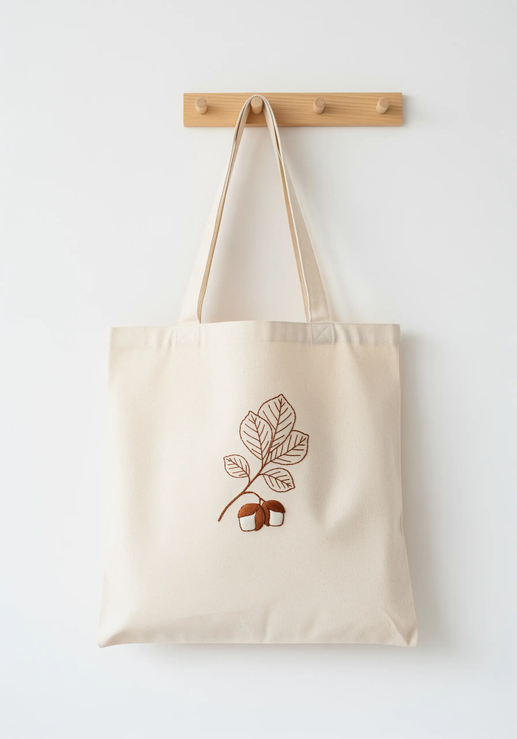 Minimalist line art embroidery of a hazelnut branch on a cream-colored tote bag.