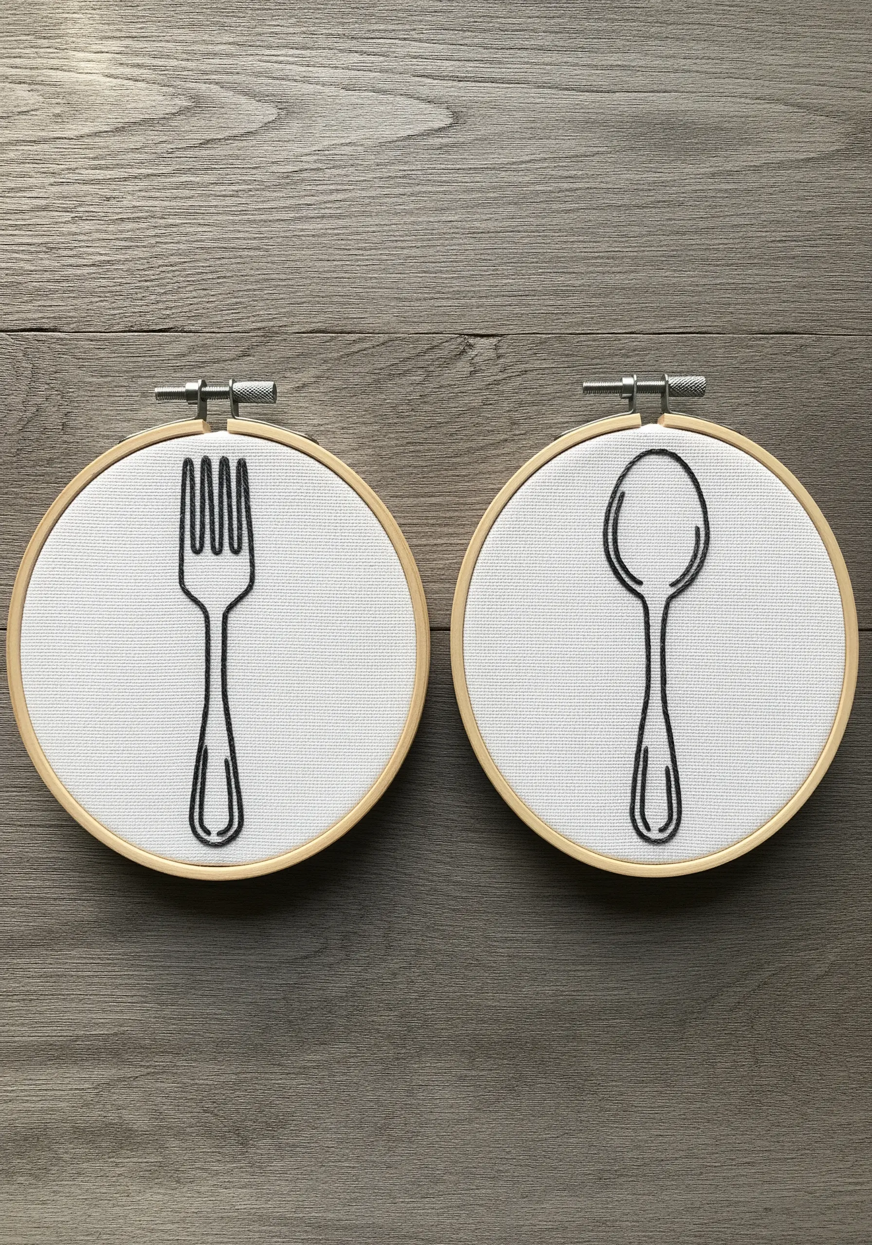 Minimalist line art embroidery of a fork and spoon in separate hoops.