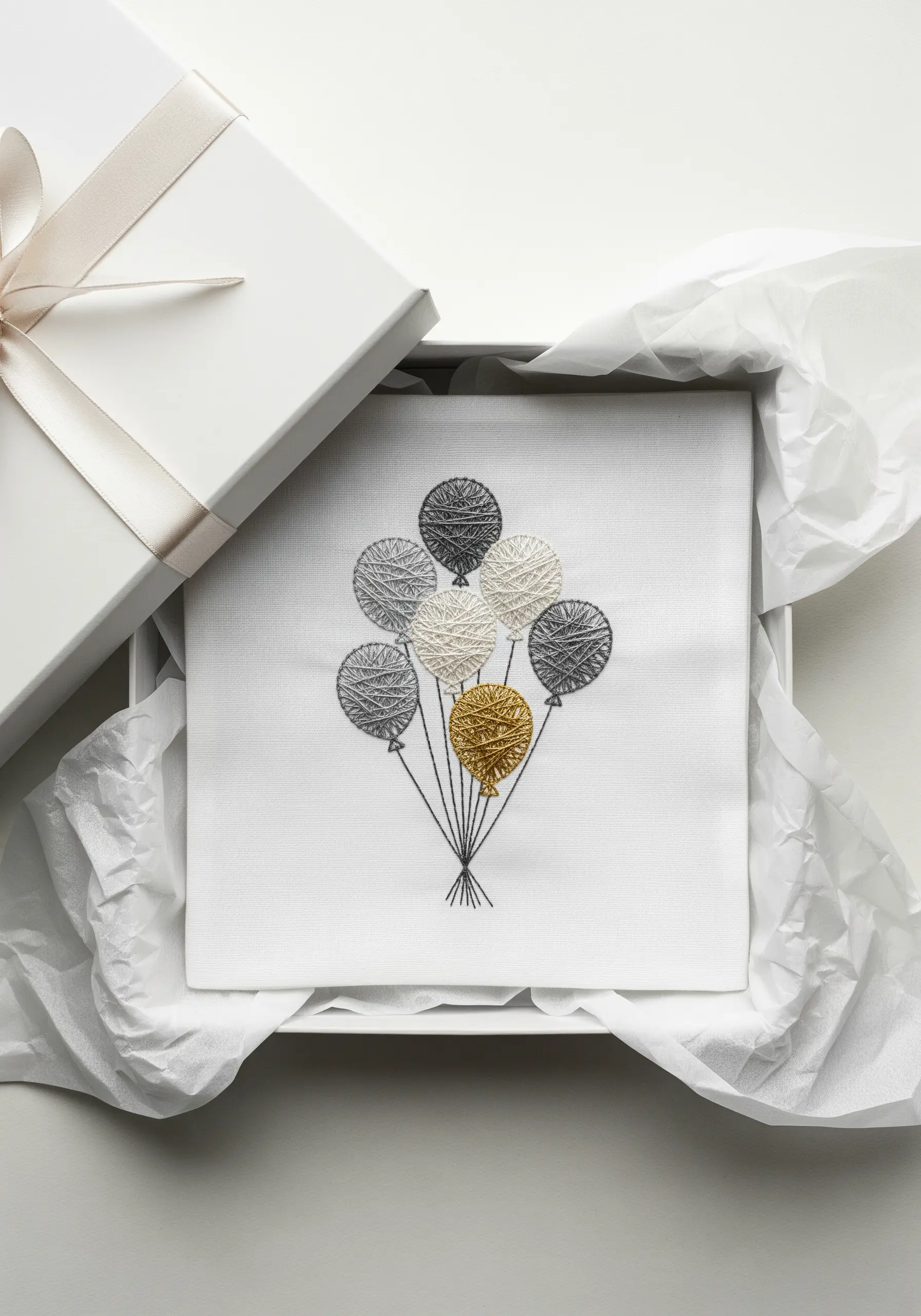 A bouquet of string art balloons in neutral tones with one metallic gold balloon.