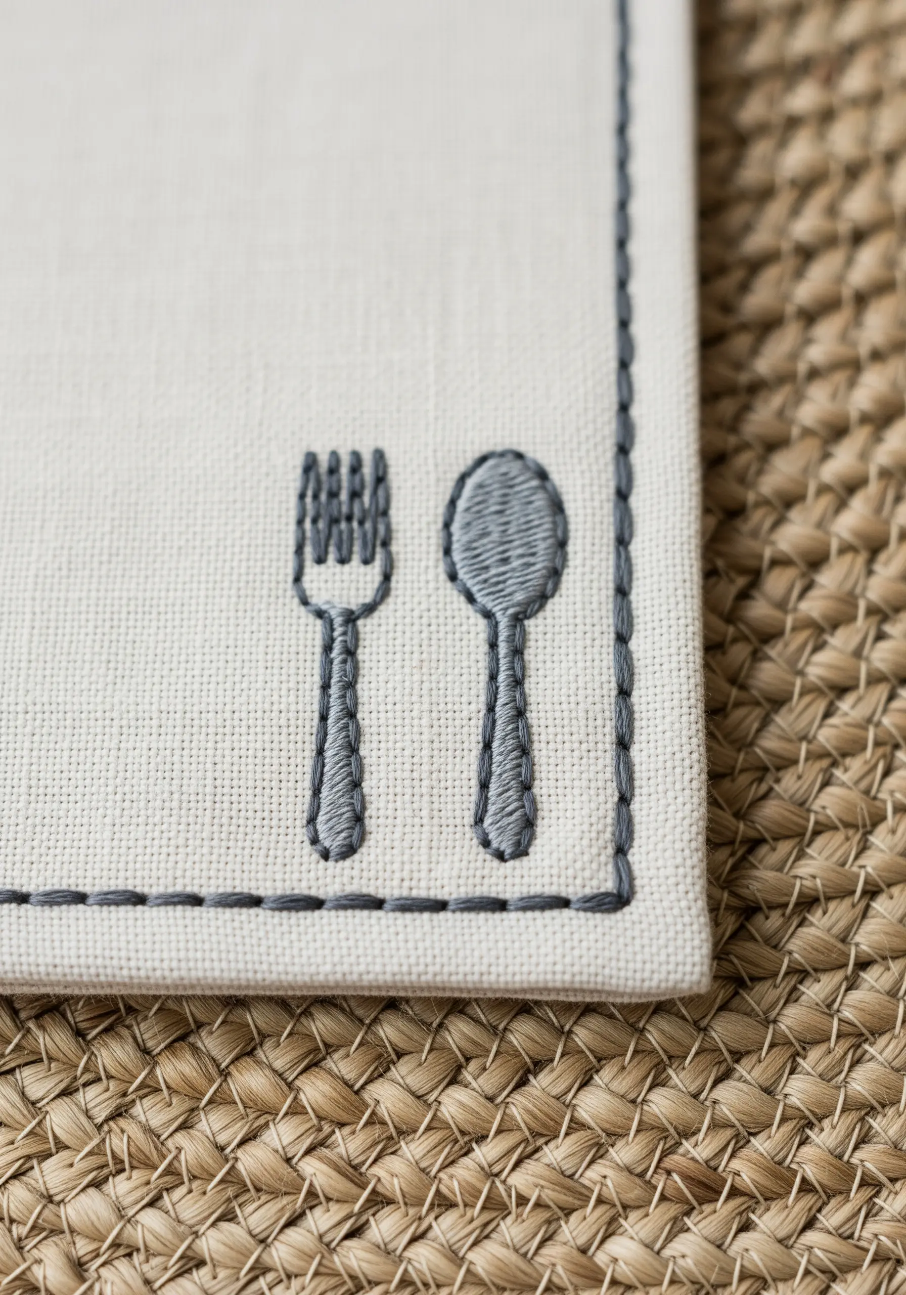 A small fork and spoon embroidered in grey on a placemat with a matching running stitch border.