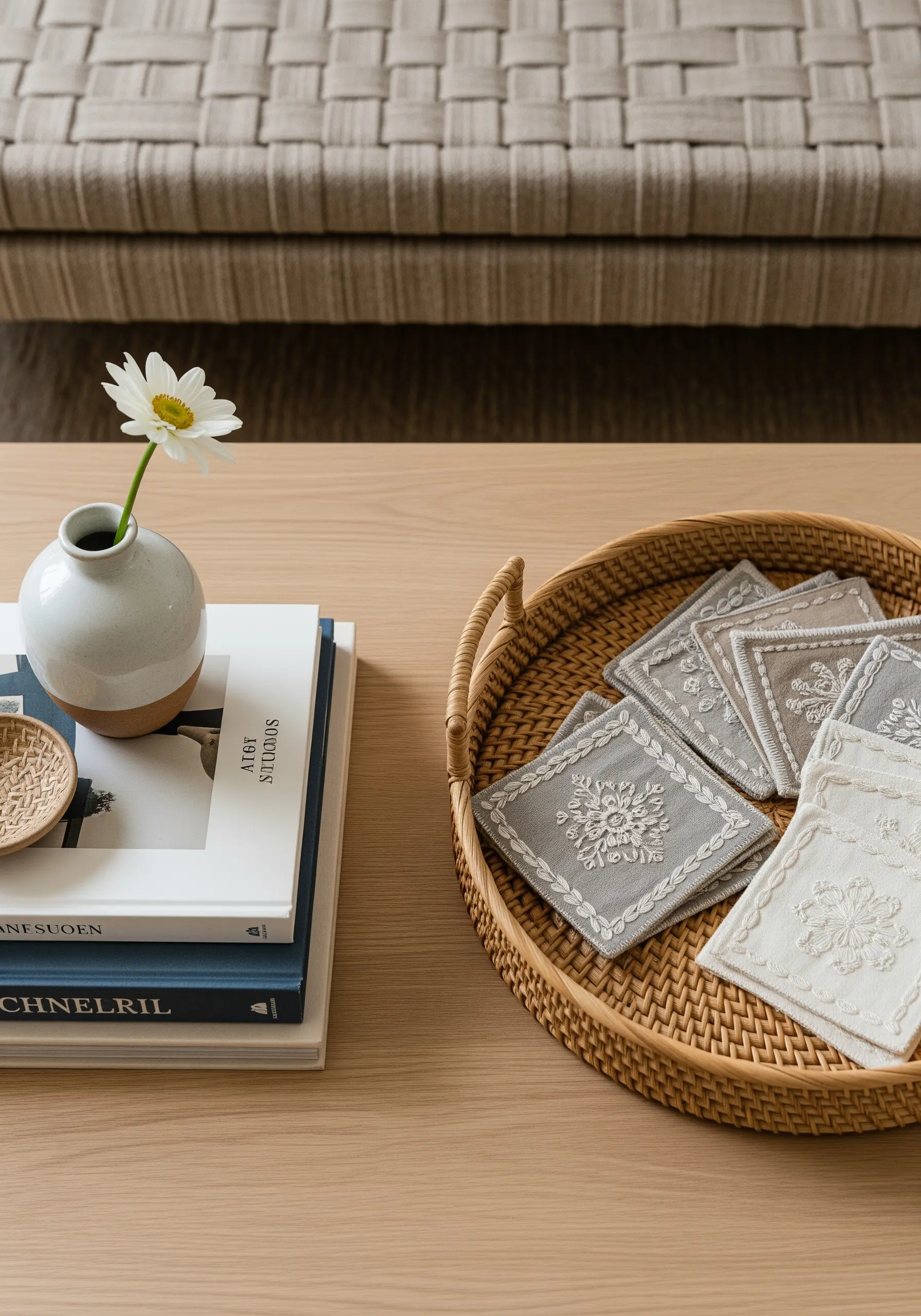 Set of embroidered linen coasters with ivory snowflake and border designs on greige fabric.