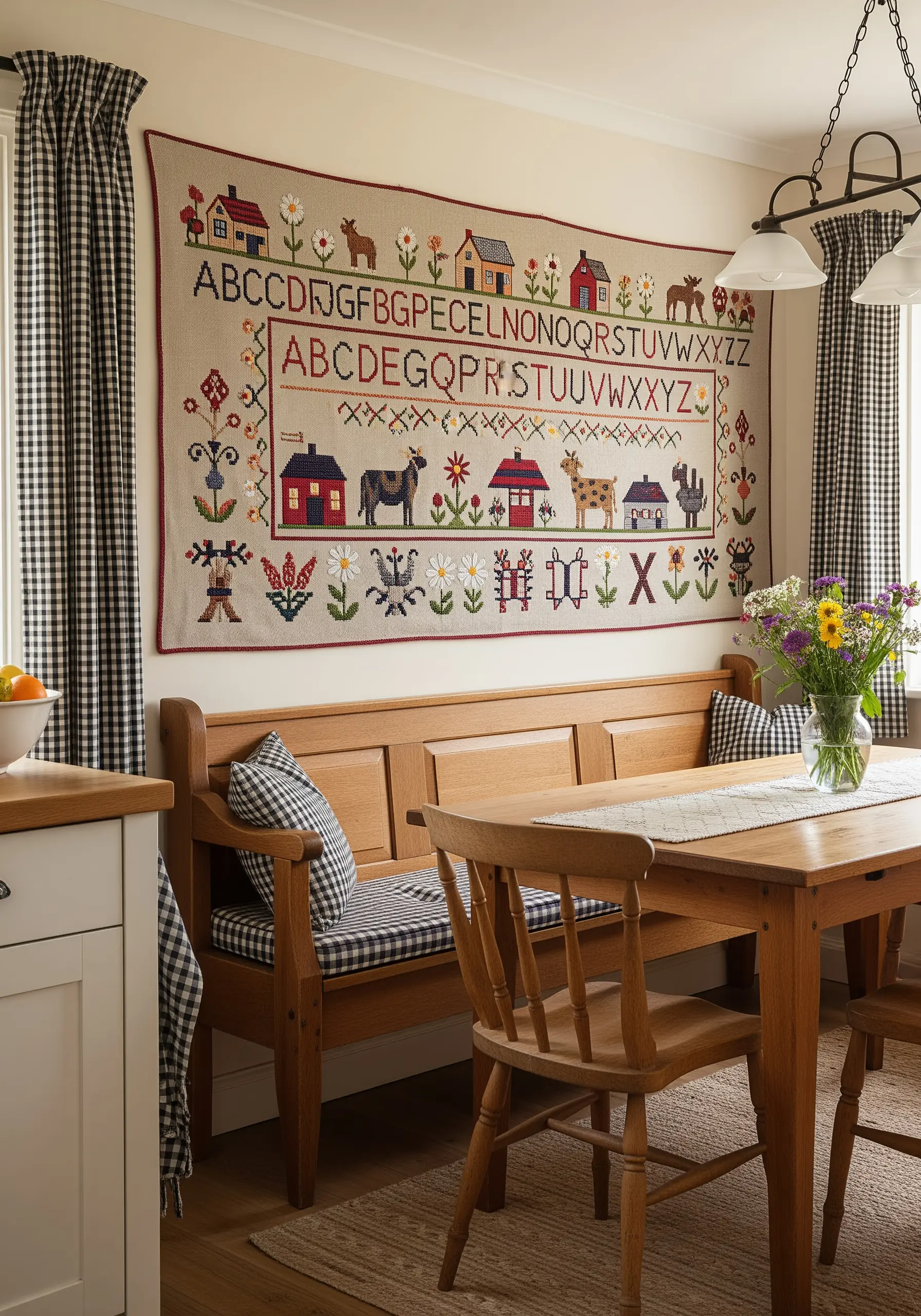 A large, farmhouse-style alphabet sampler tapestry with cross-stitch and folk art motifs.