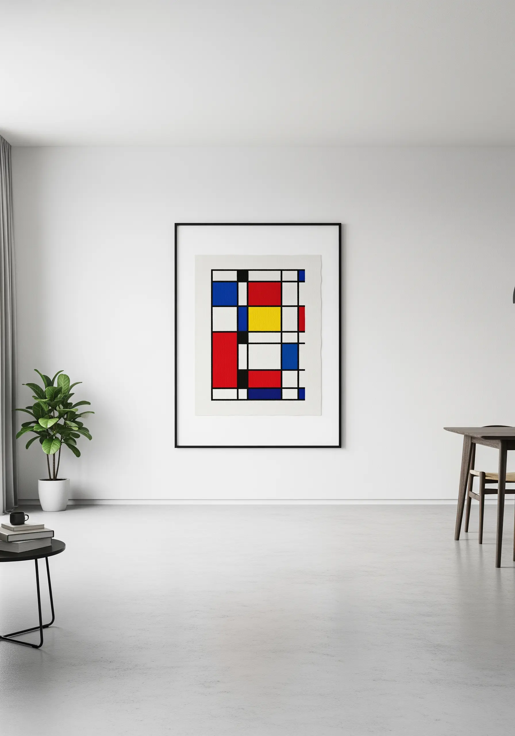 Embroidery art inspired by Mondrian, with red, yellow, and blue blocks and black lines.