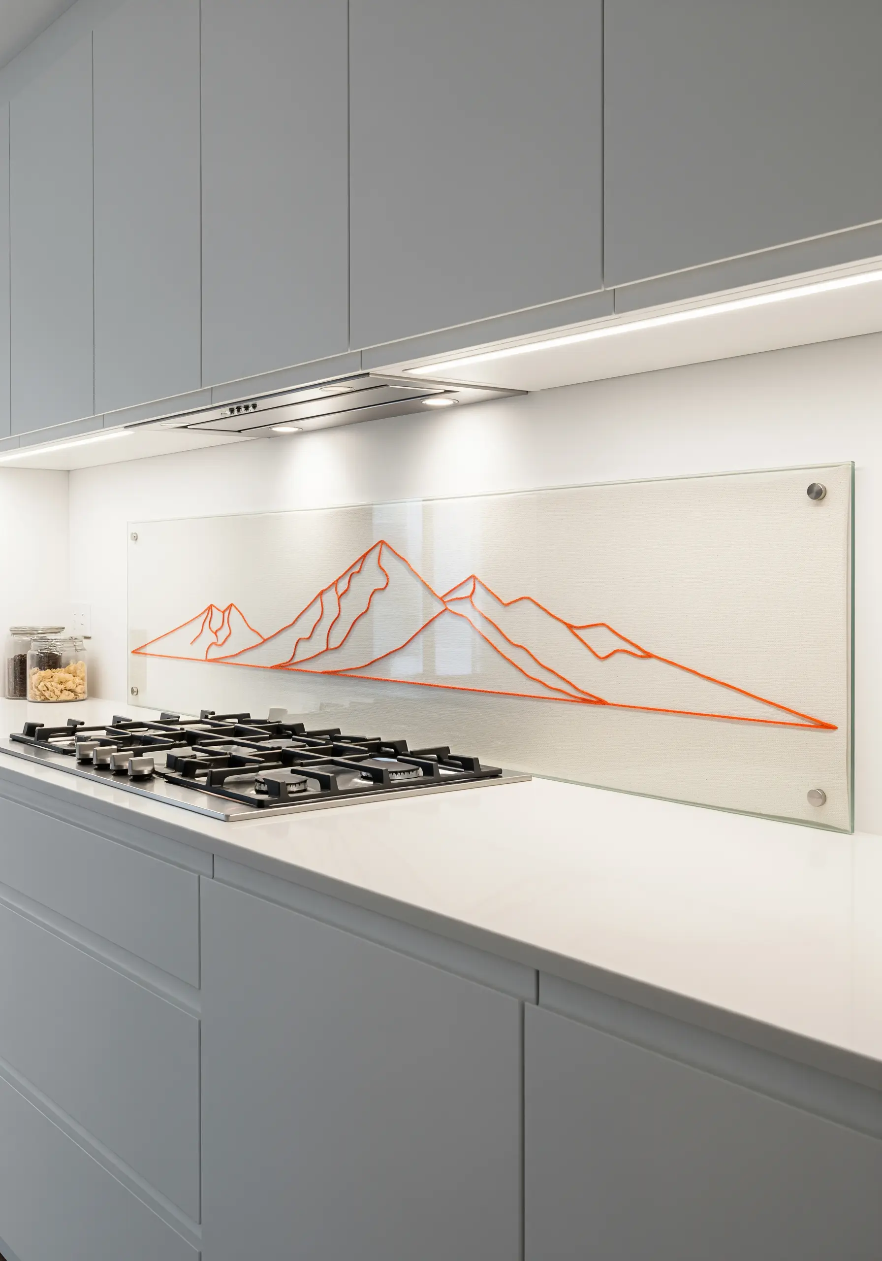 Minimalist embroidered orange line art of mountains, installed as a kitchen backsplash behind glass.