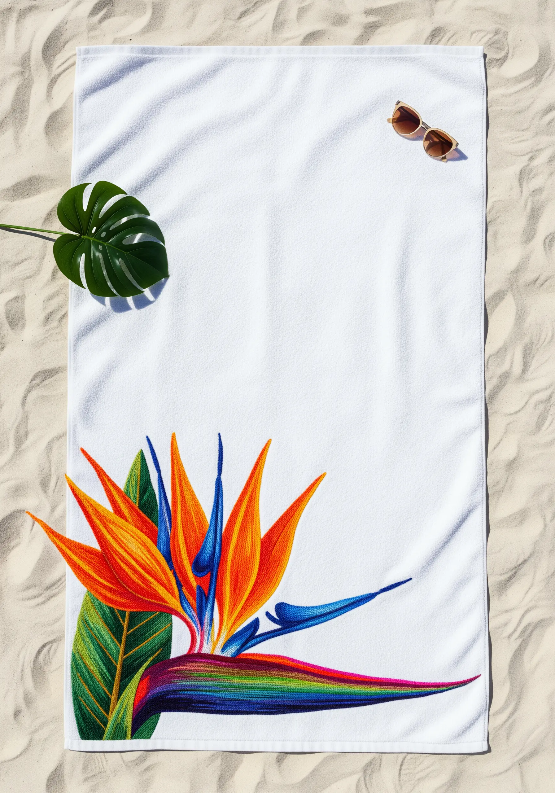 Detailed bird of paradise flower embroidered with vibrant color gradients on a white beach towel.