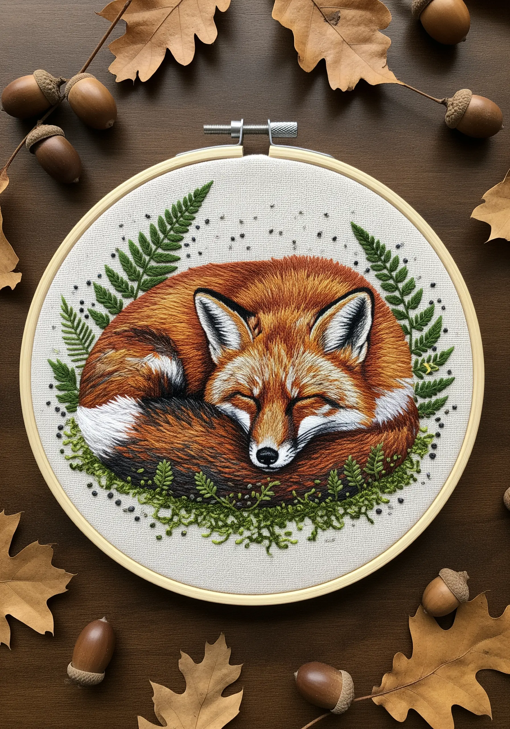 Embroidery of a sleeping fox with detailed, blended orange and white fur texture.