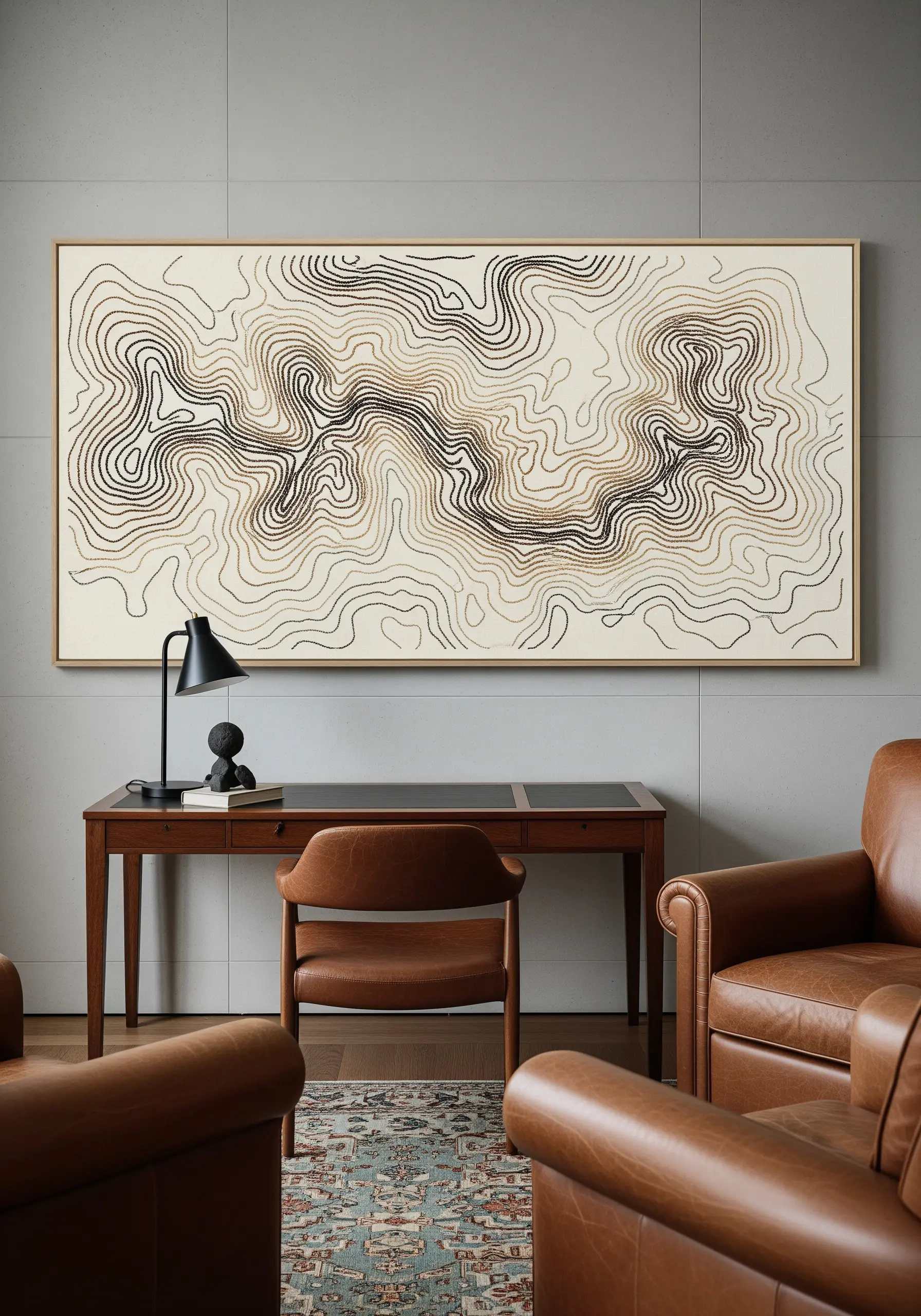 A large, framed embroidery of a topographic map using neutral-colored contour lines.