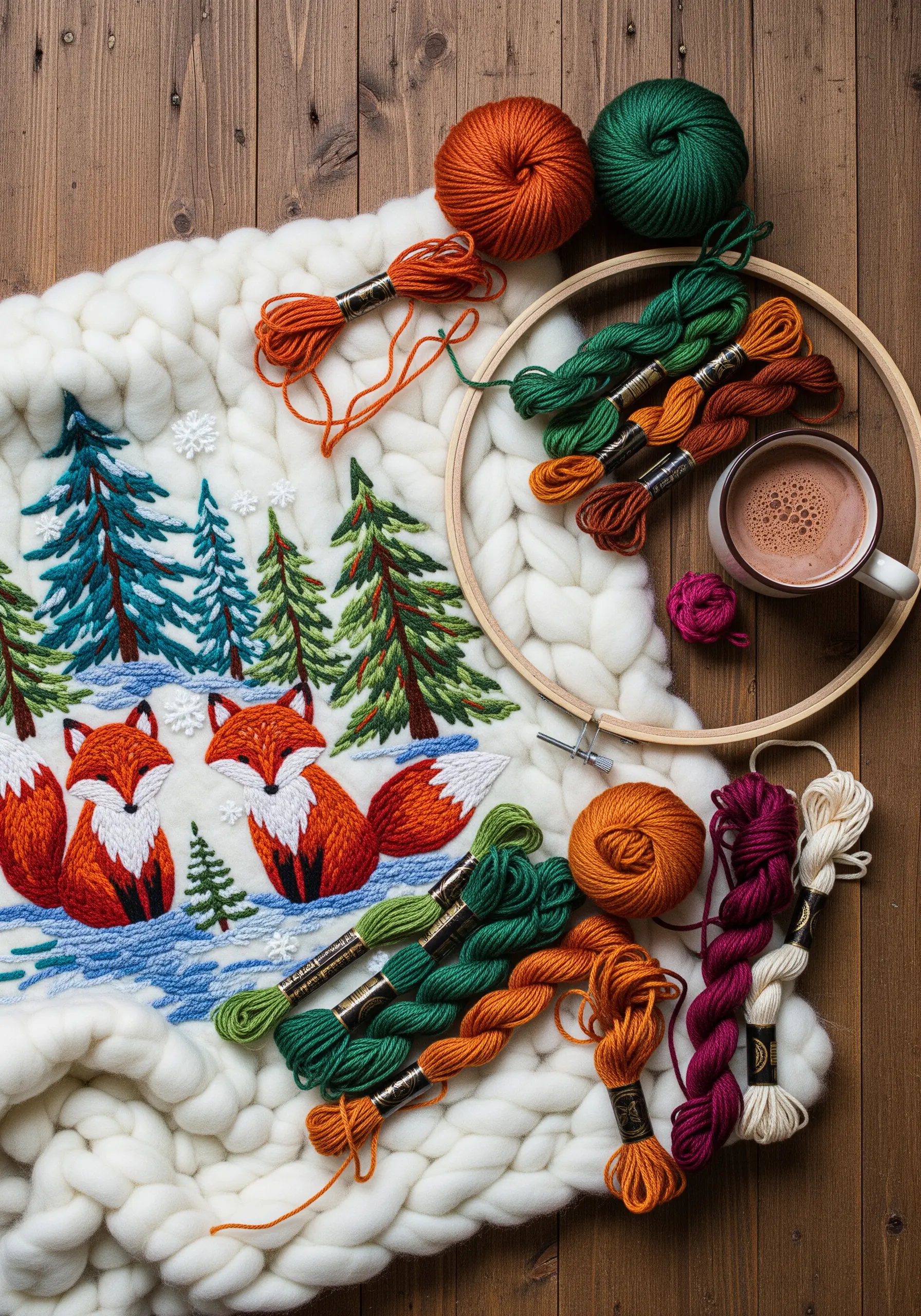Embroidered woodland scene with foxes and trees on a chunky white knit blanket.