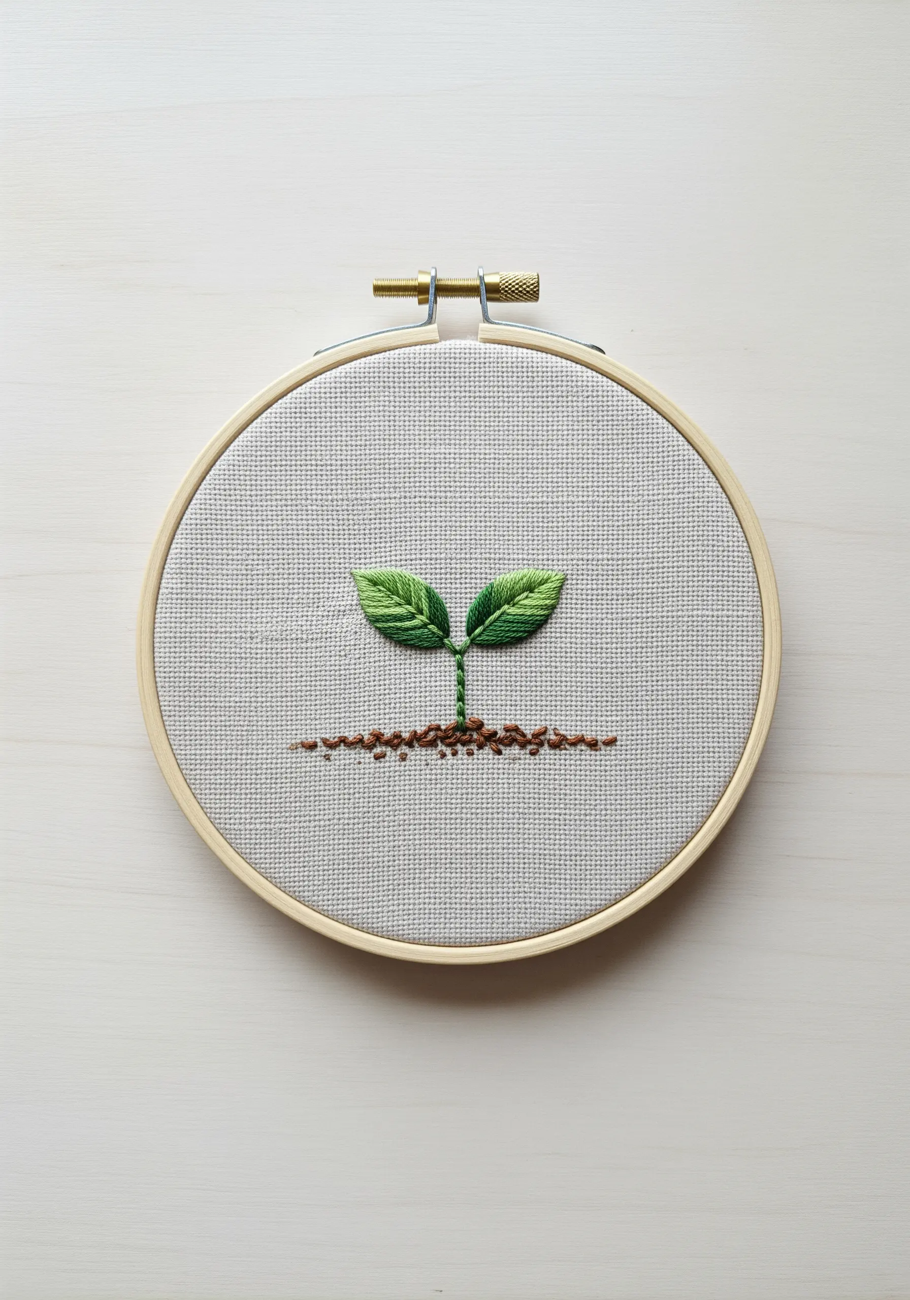 A tiny embroidered sprout with two gradient green leaves and textured brown soil in a hoop.