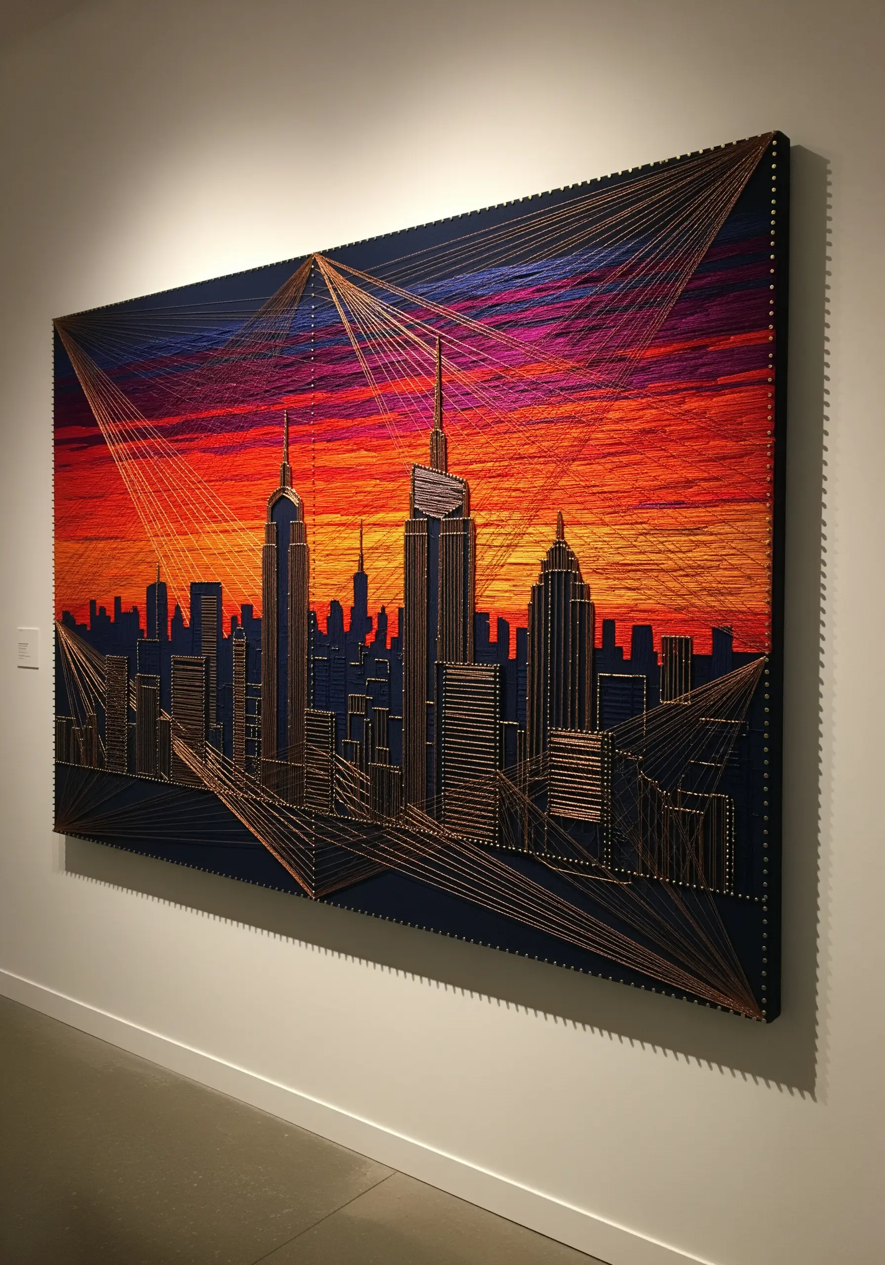 New York City skyline string art with a vibrant orange, pink, and blue sunset gradient background.