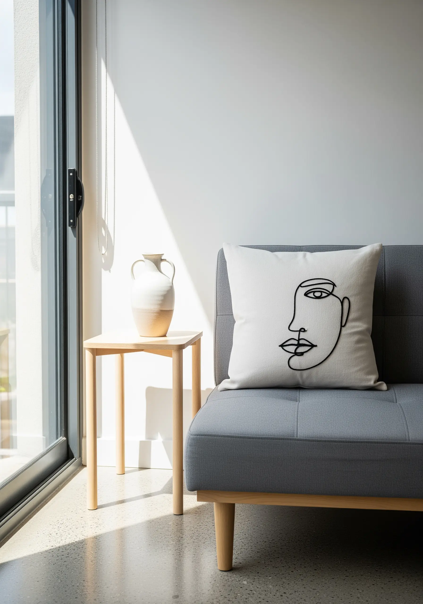 Minimalist abstract face embroidered in a single black line on a white cushion