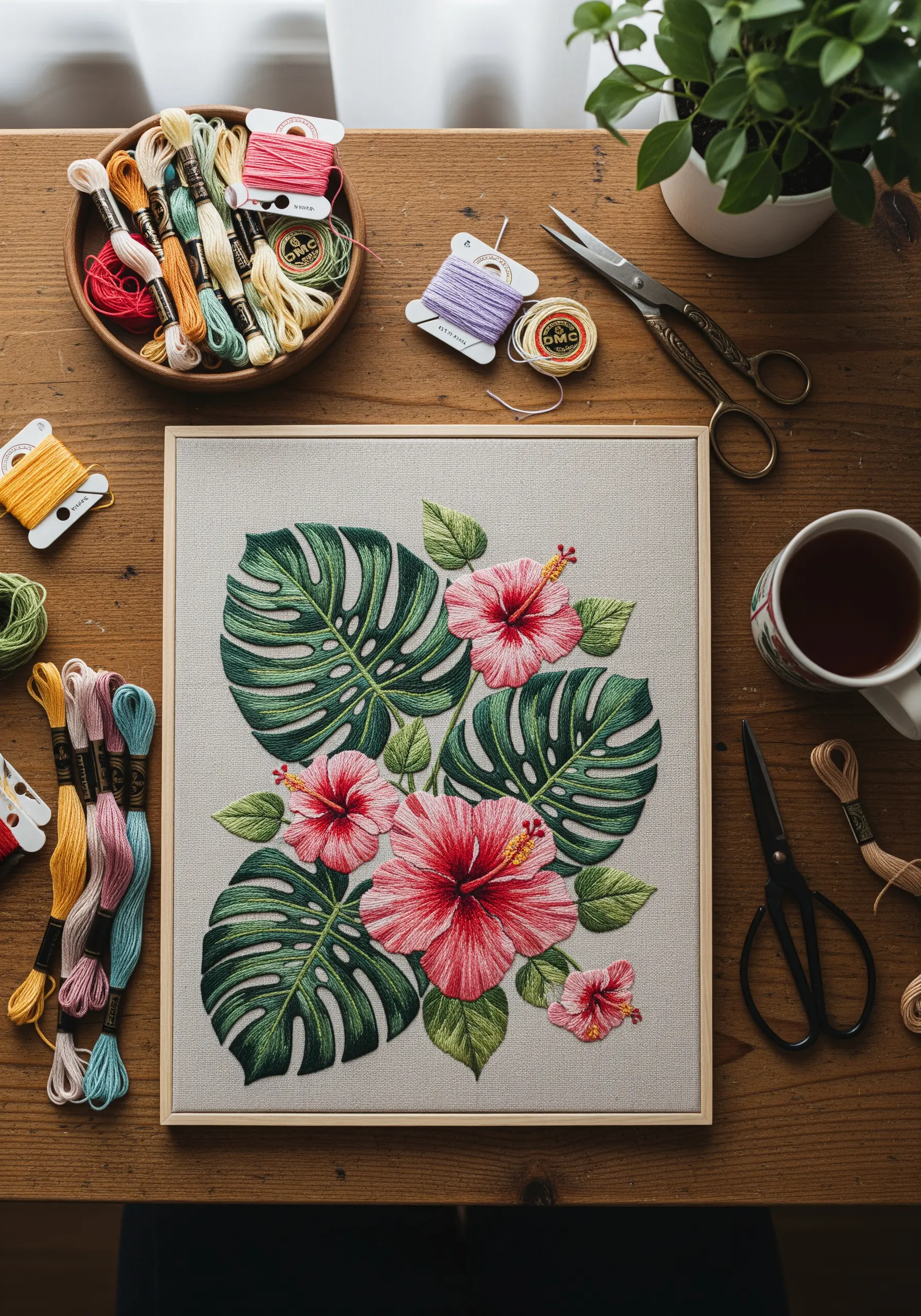 Detailed embroidery of pink hibiscus flowers and dark green monstera leaves on neutral fabric.