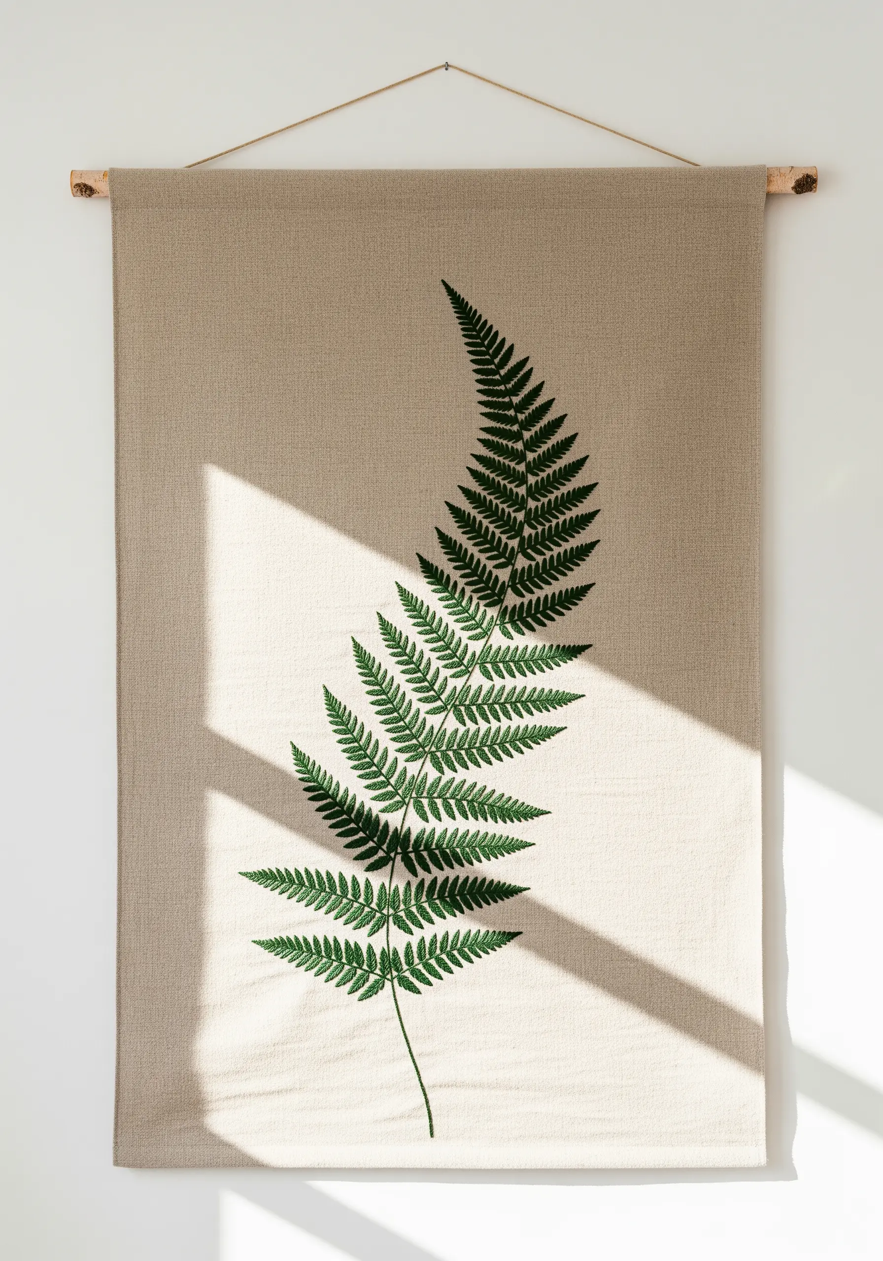 A large, detailed embroidery of a single green fern frond on a beige linen wall hanging.