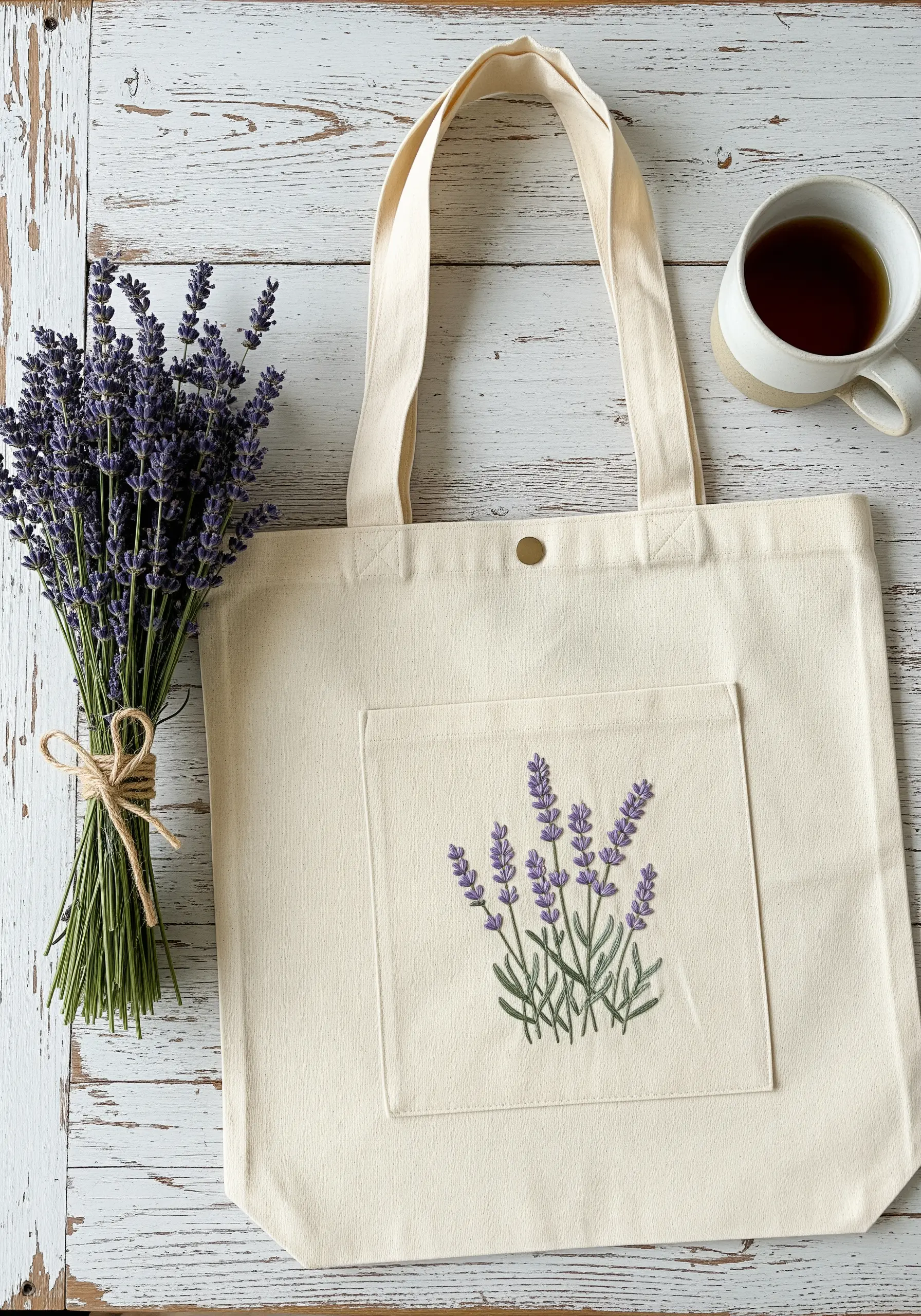 Hand-embroidered lavender sprigs on the pocket of a canvas tote bag