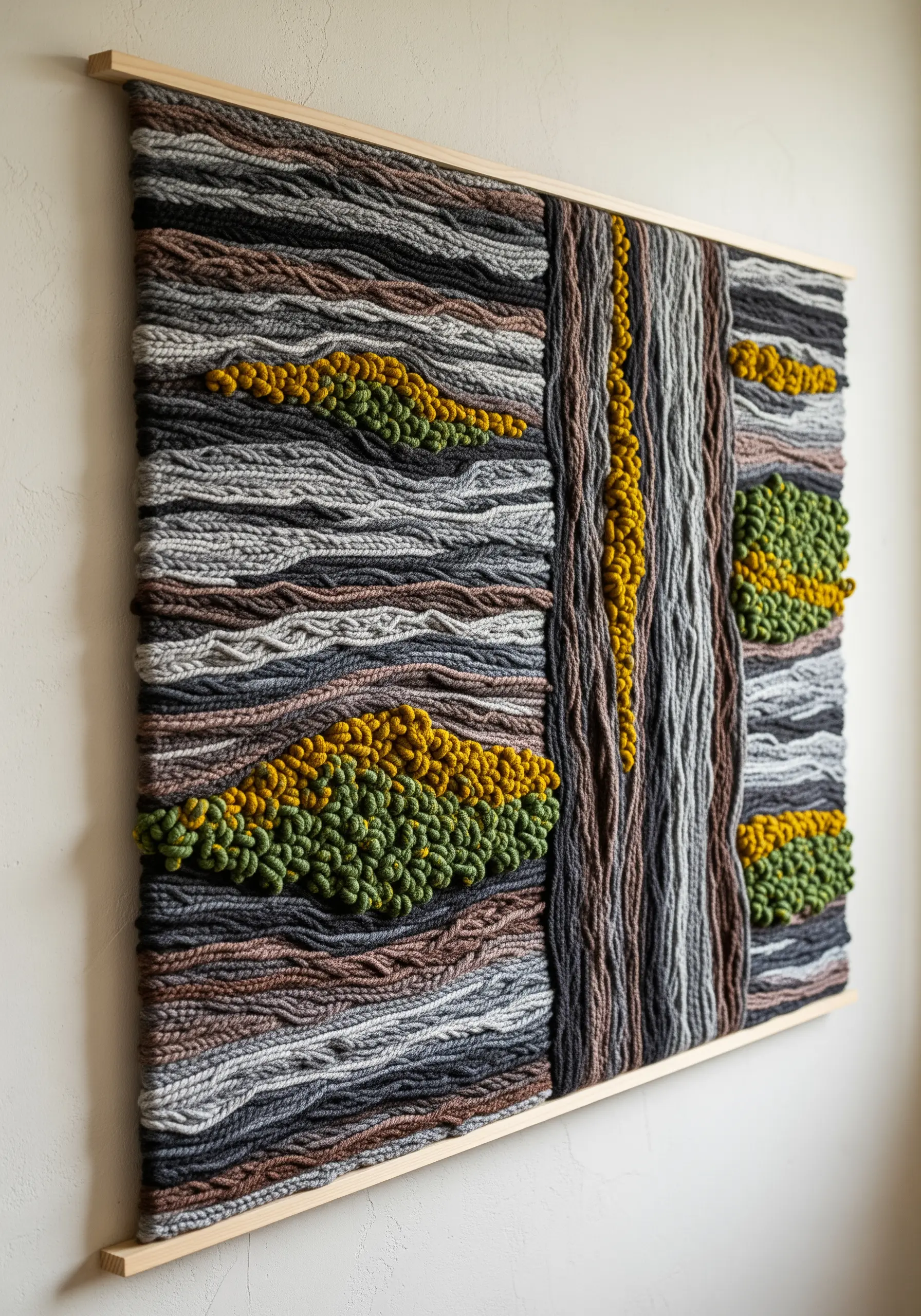 Textural wall hanging with couched chunky yarn and French knot clusters.