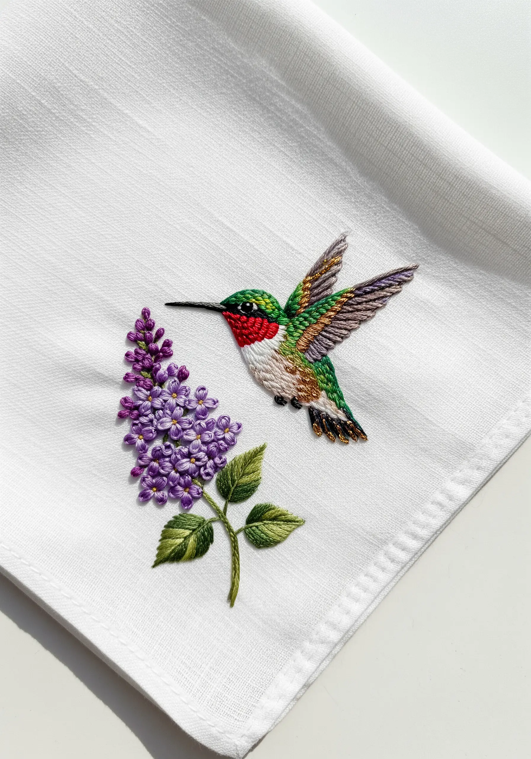 Detailed thread-painted hummingbird with purple lilac on a white handkerchief.