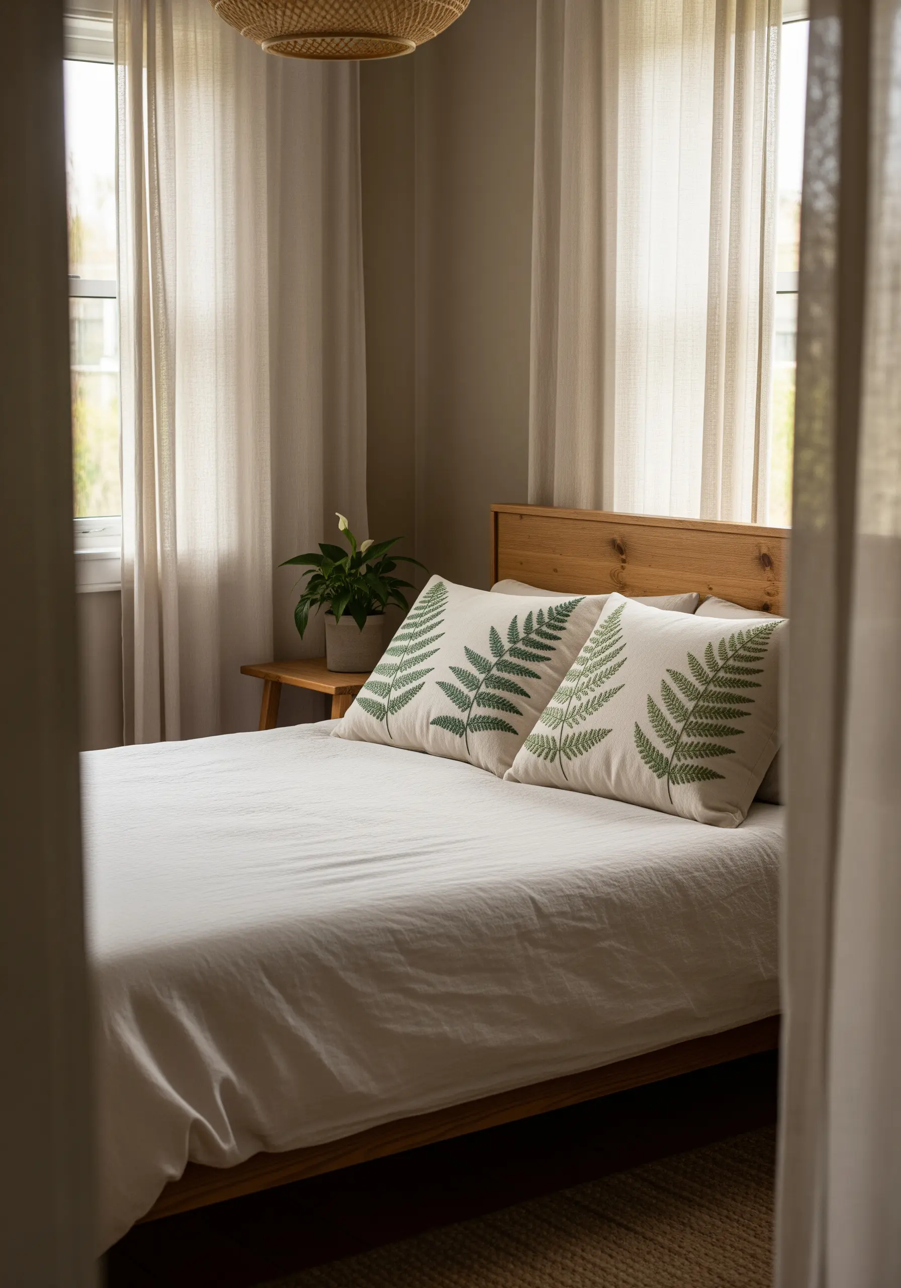 Two embroidered pillows with green fern motifs on a neatly made bed.