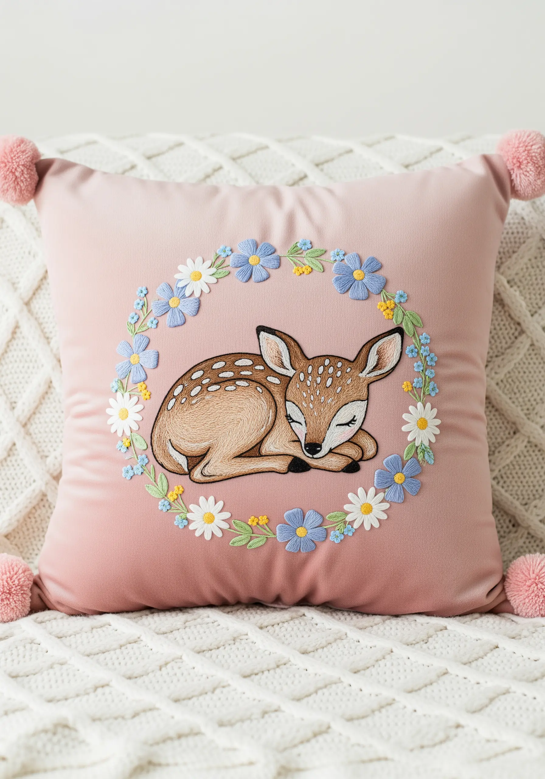 Embroidered sleeping fawn on a pink pillow surrounded by a floral wreath.