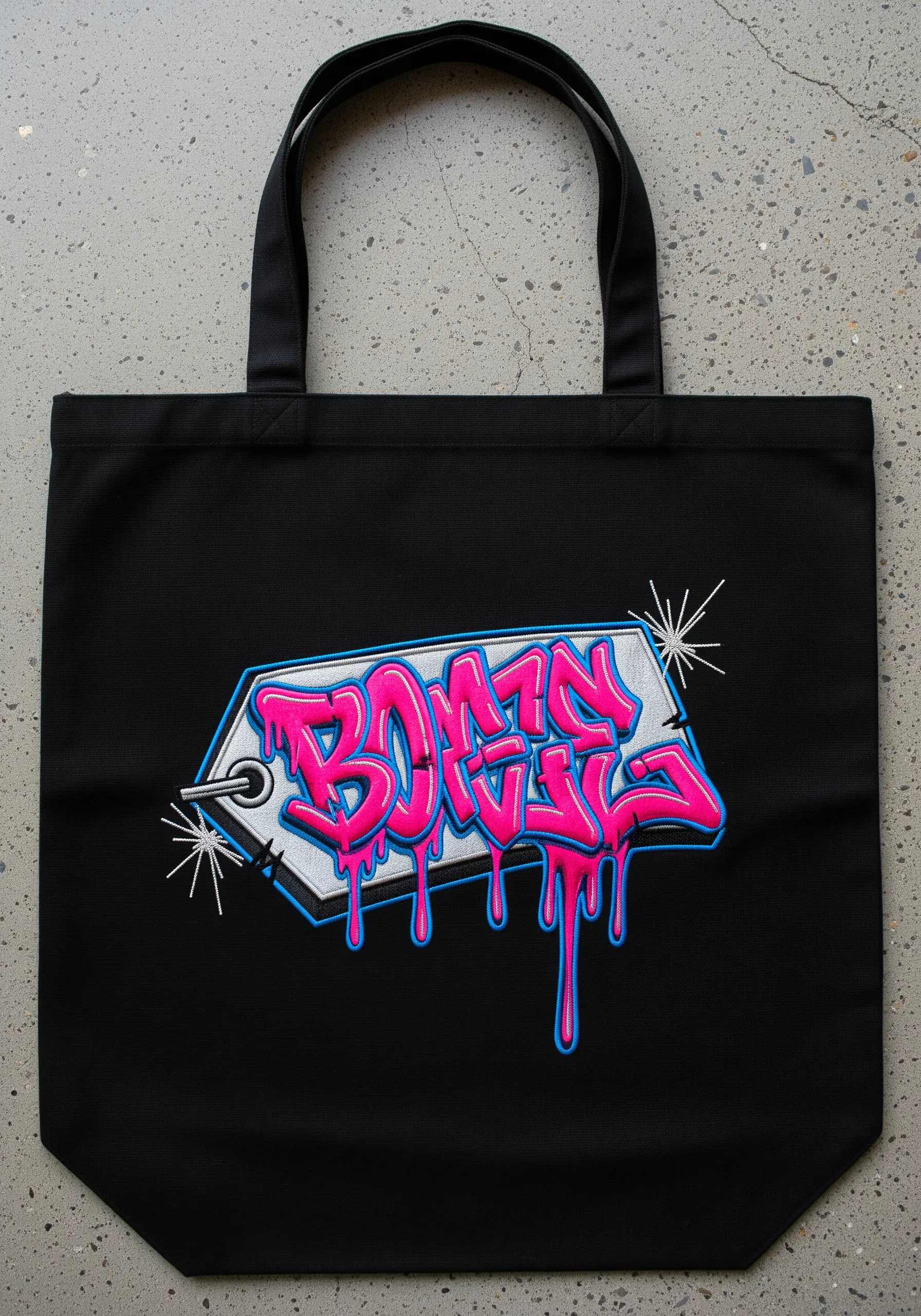 Graffiti-style lettering embroidered in pink and blue on a black tote bag.