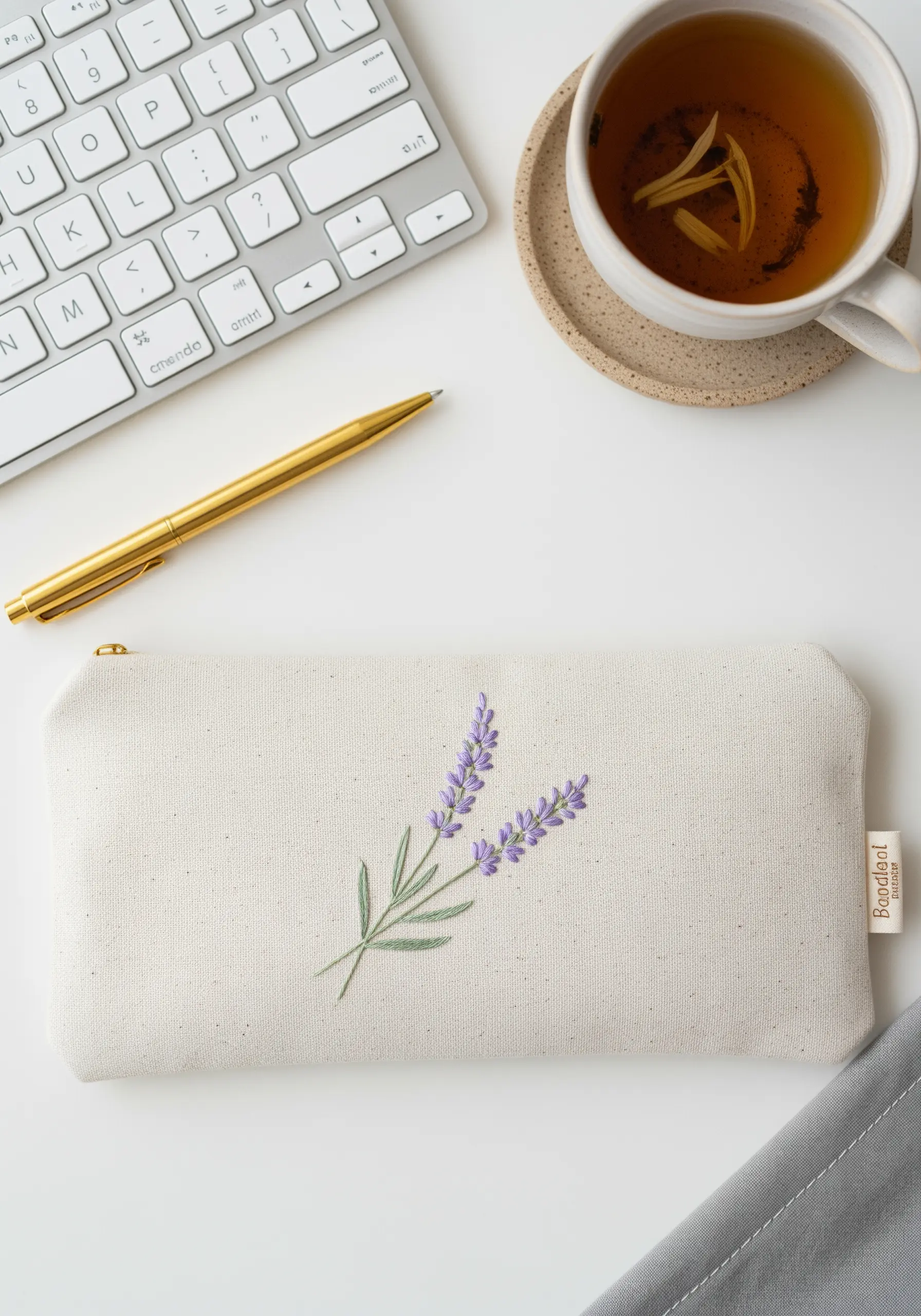 Delicate lavender sprig embroidered on a canvas pencil pouch next to a keyboard