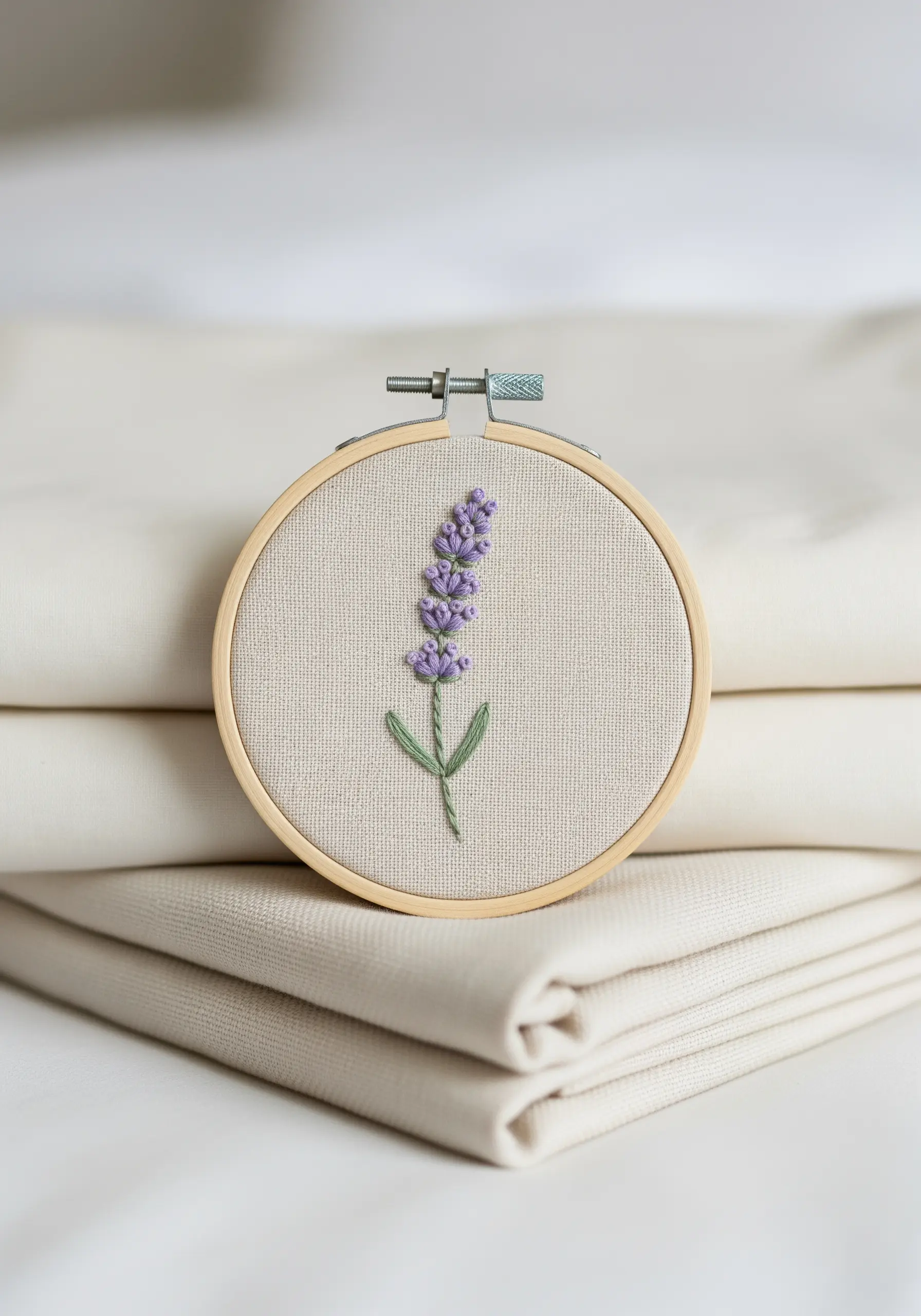 Embroidered lavender sprig with purple French knots on neutral fabric in a small wooden hoop.