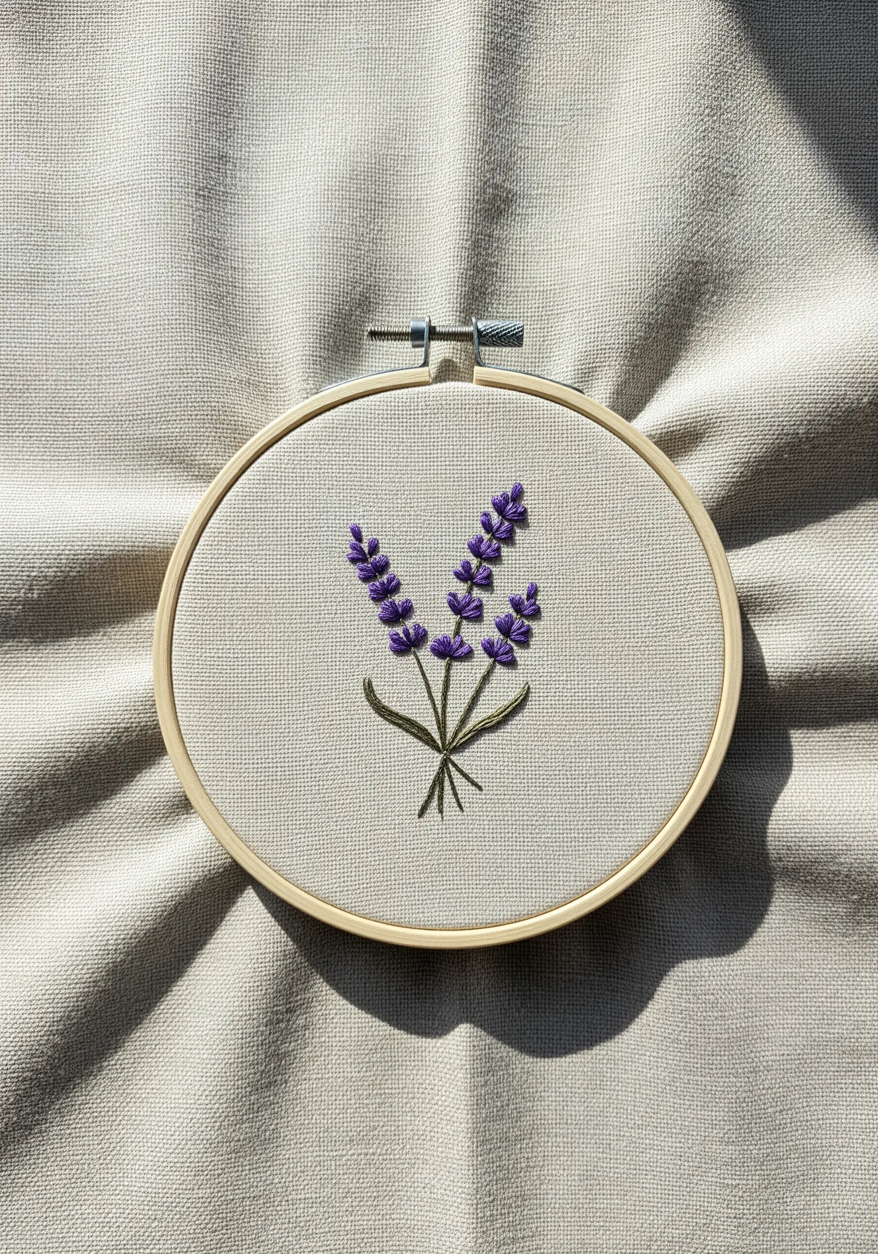 Hand-embroidered lavender sprigs with textured purple buds in a small wooden hoop.