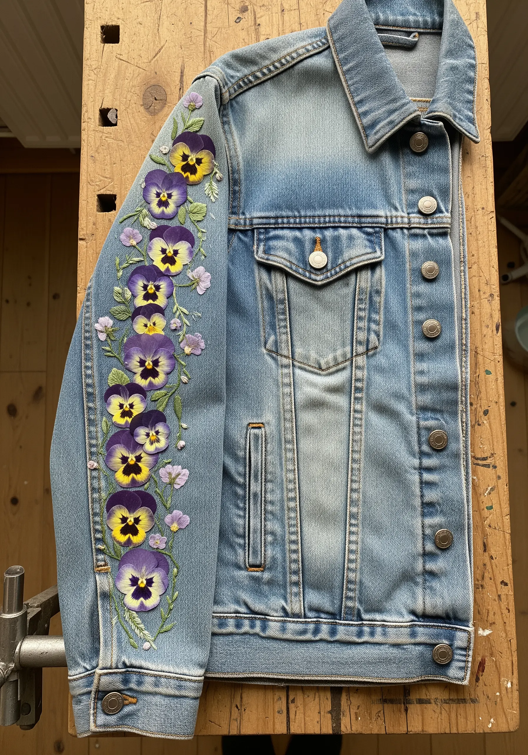 Detailed pansy embroidery with thread-painted petals cascading down a denim jacket sleeve.