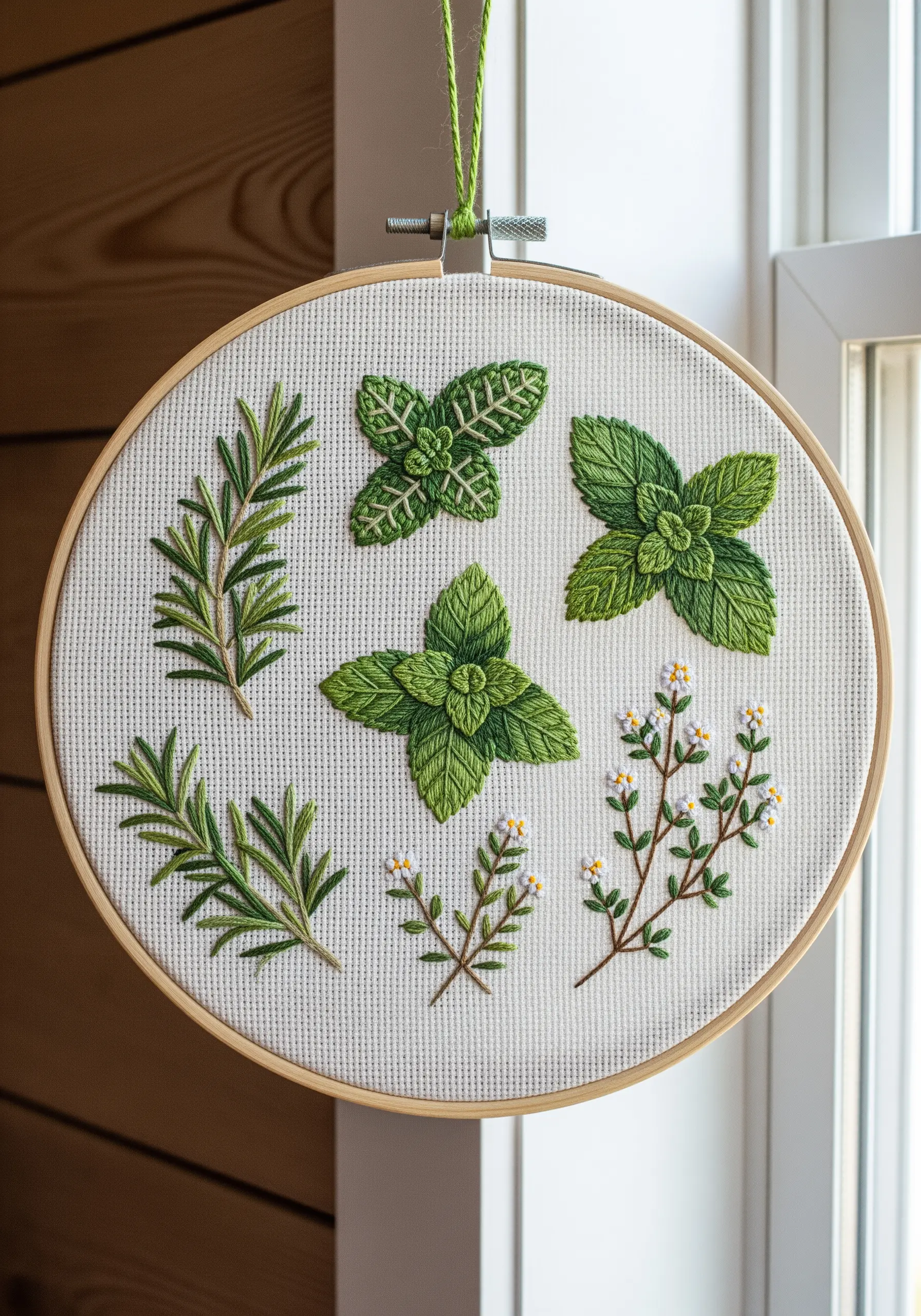 A sampler of embroidered herbs, including rosemary, mint, and thyme, on Aida cloth.