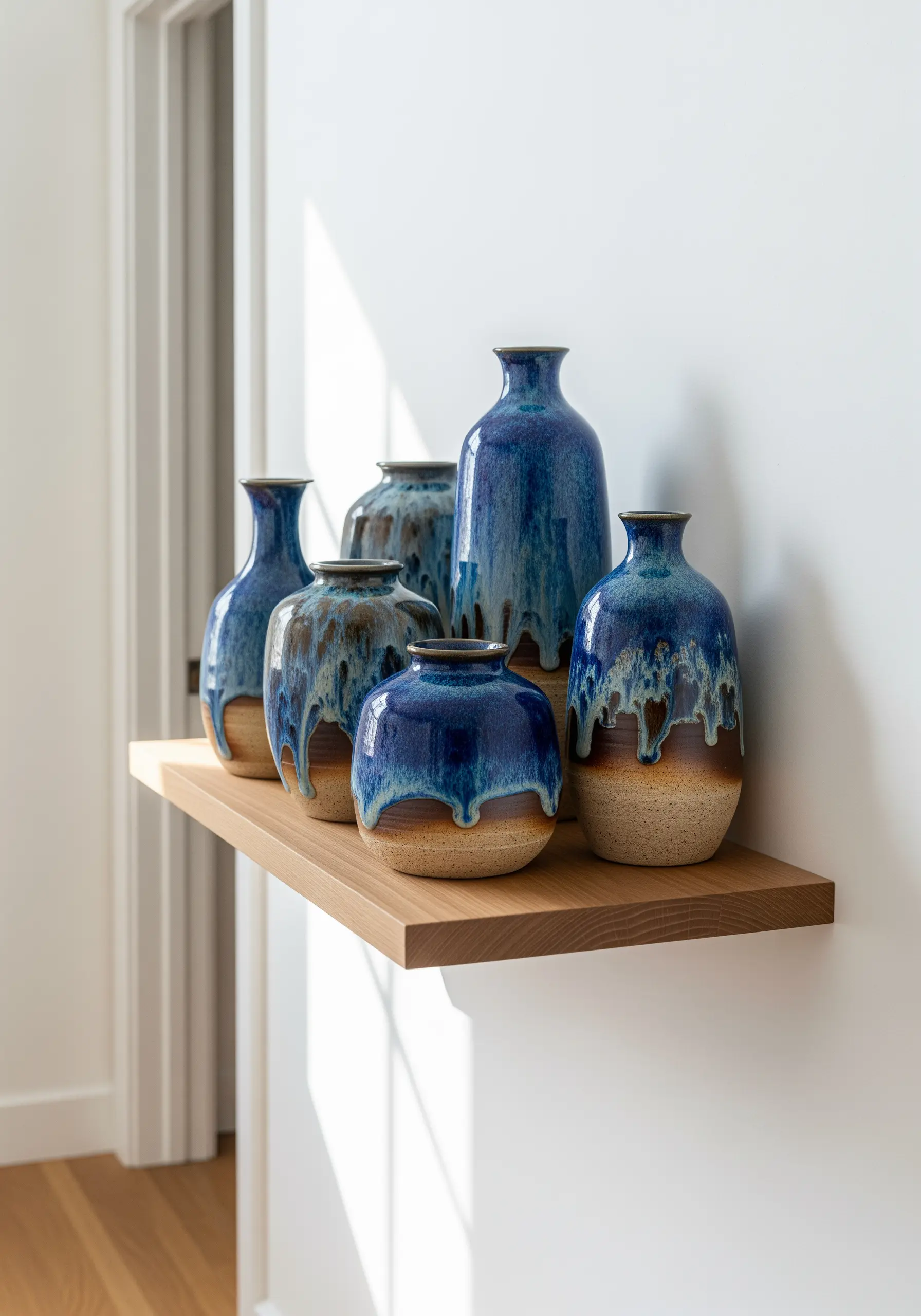 A collection of ceramic vases with a rich blue and brown drip glaze effect.