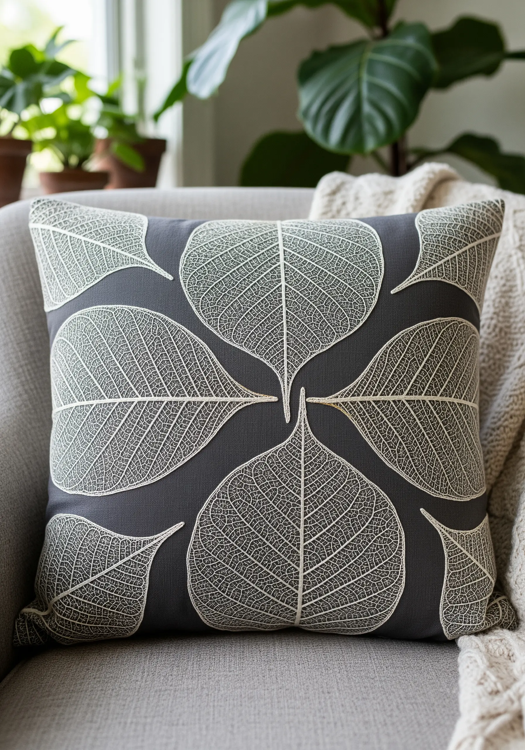 A dark grey pillow with a pattern of delicately embroidered white skeleton leaves.