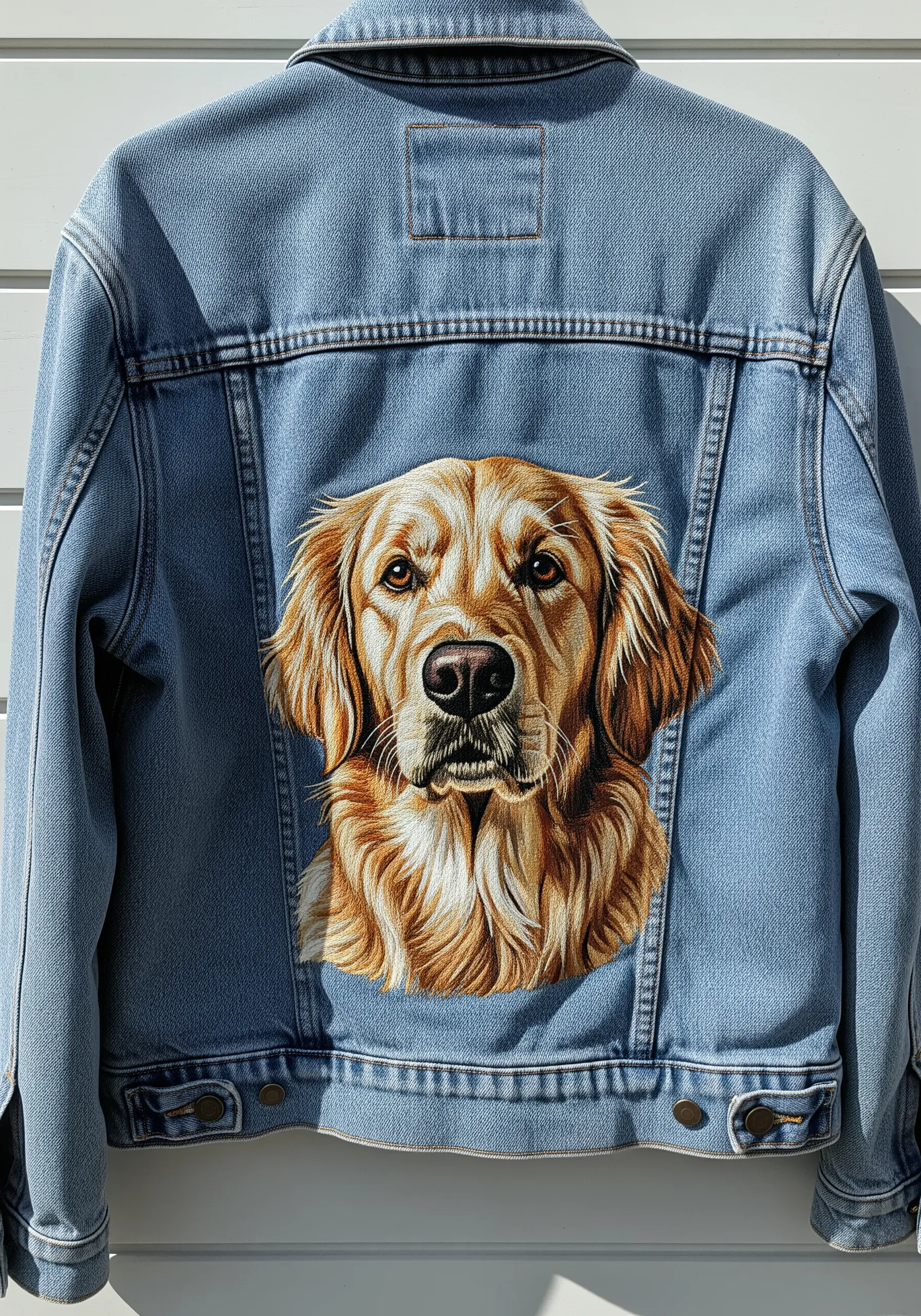 A realistic thread-painted portrait of a golden retriever on the back of a denim jacket.