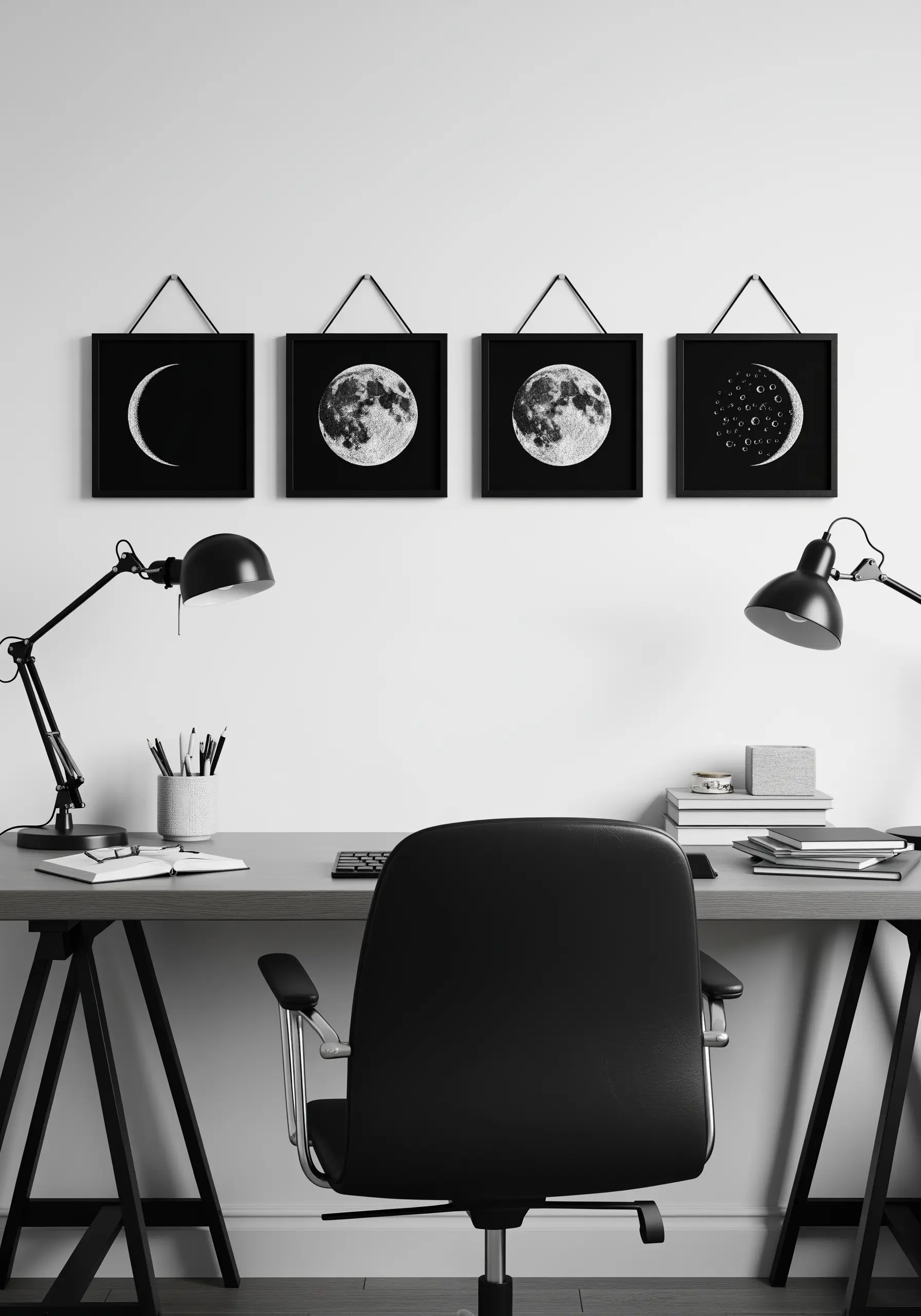 Four framed embroideries showing the phases of the moon hanging over a desk.