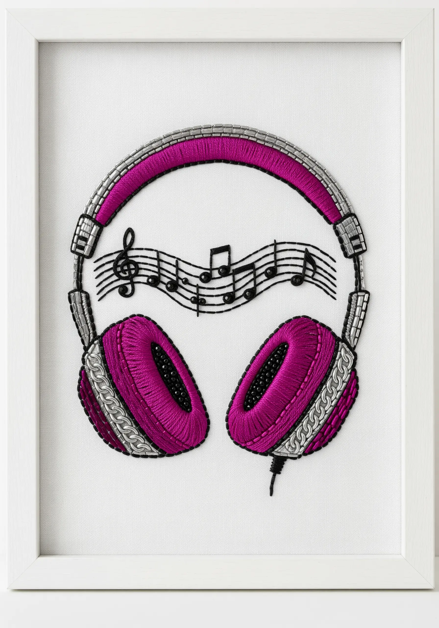 Detailed embroidery of magenta headphones with metallic silver accents.