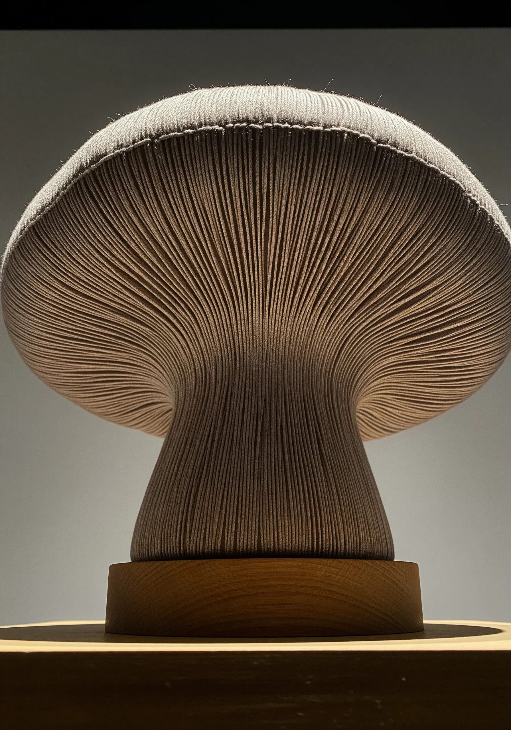 A sculptural textile mushroom where the gills are made from perfectly parallel straight stitches.