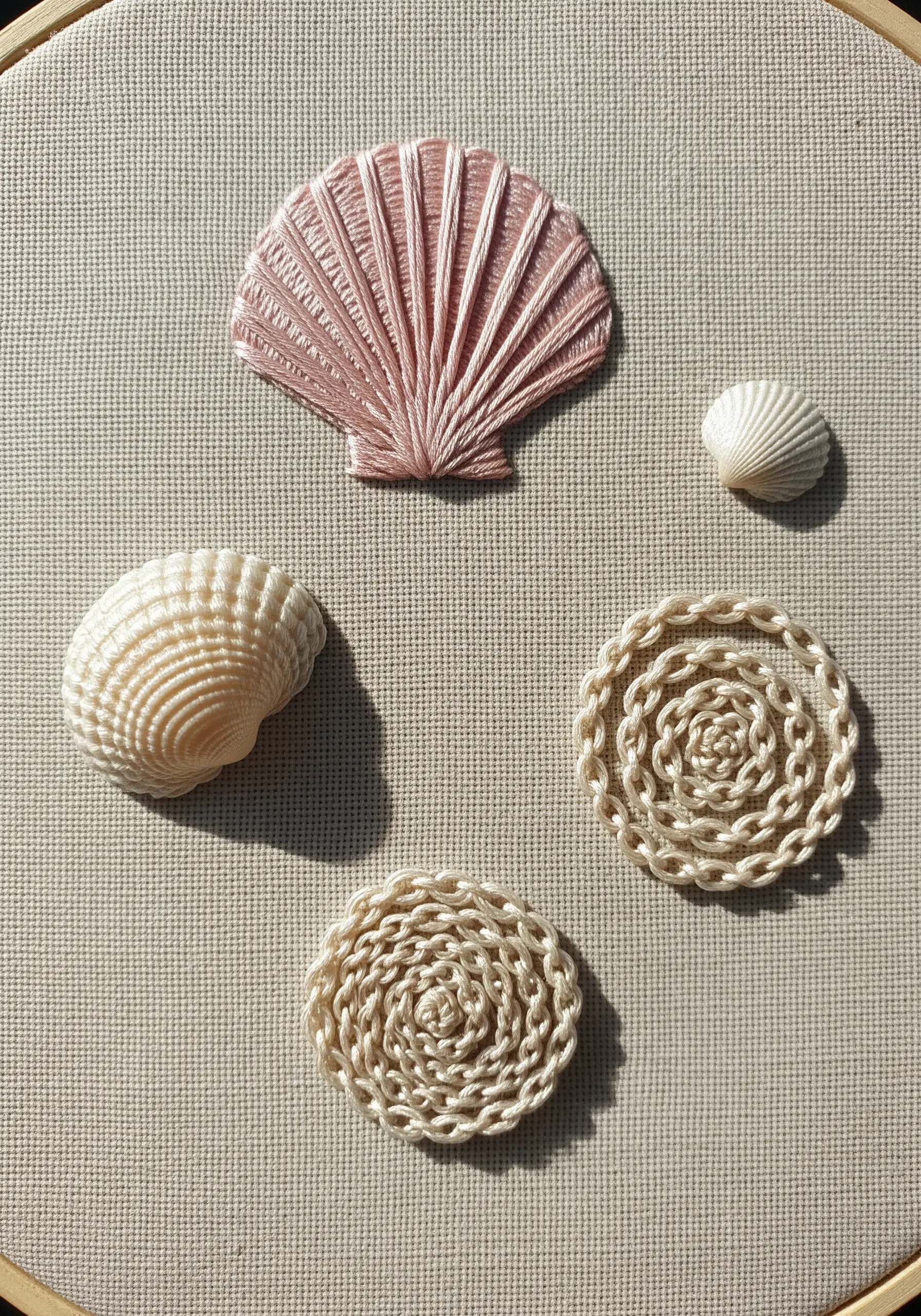 Embroidered seashells showcasing different textural stitches like satin and chain stitch.