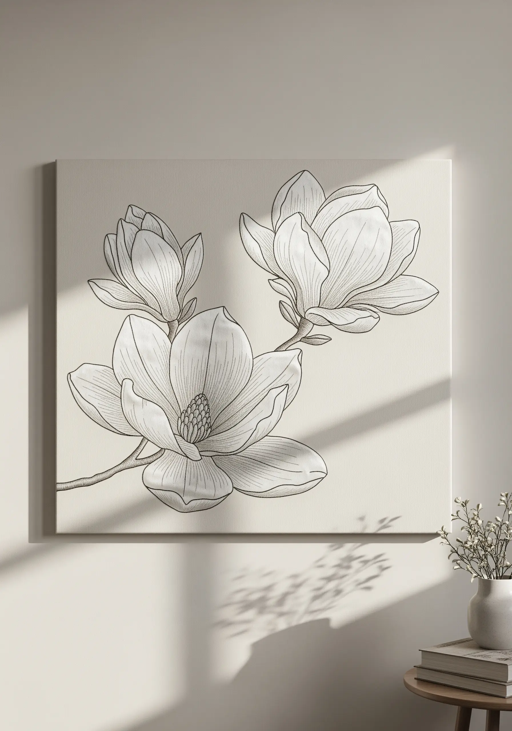 Fine-line magnolia flower embroidery resembling a pencil sketch on canvas.
