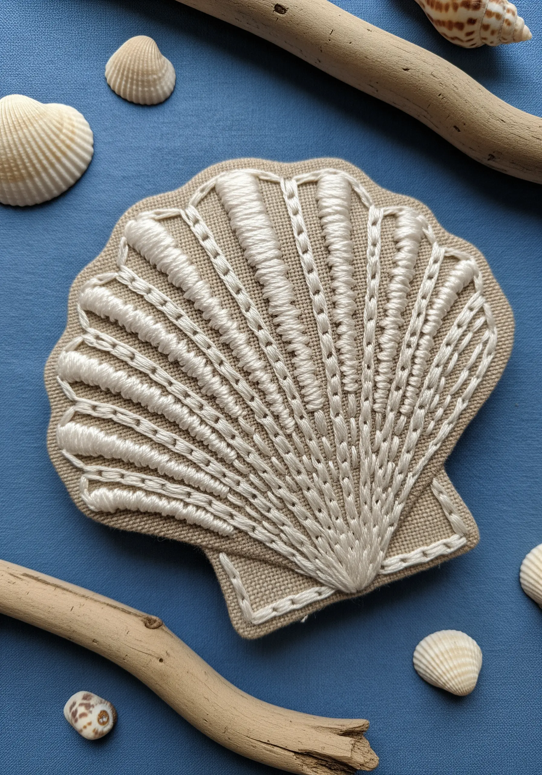 Embroidered seashell patch with raised, padded satin stitch ribs on a linen background.