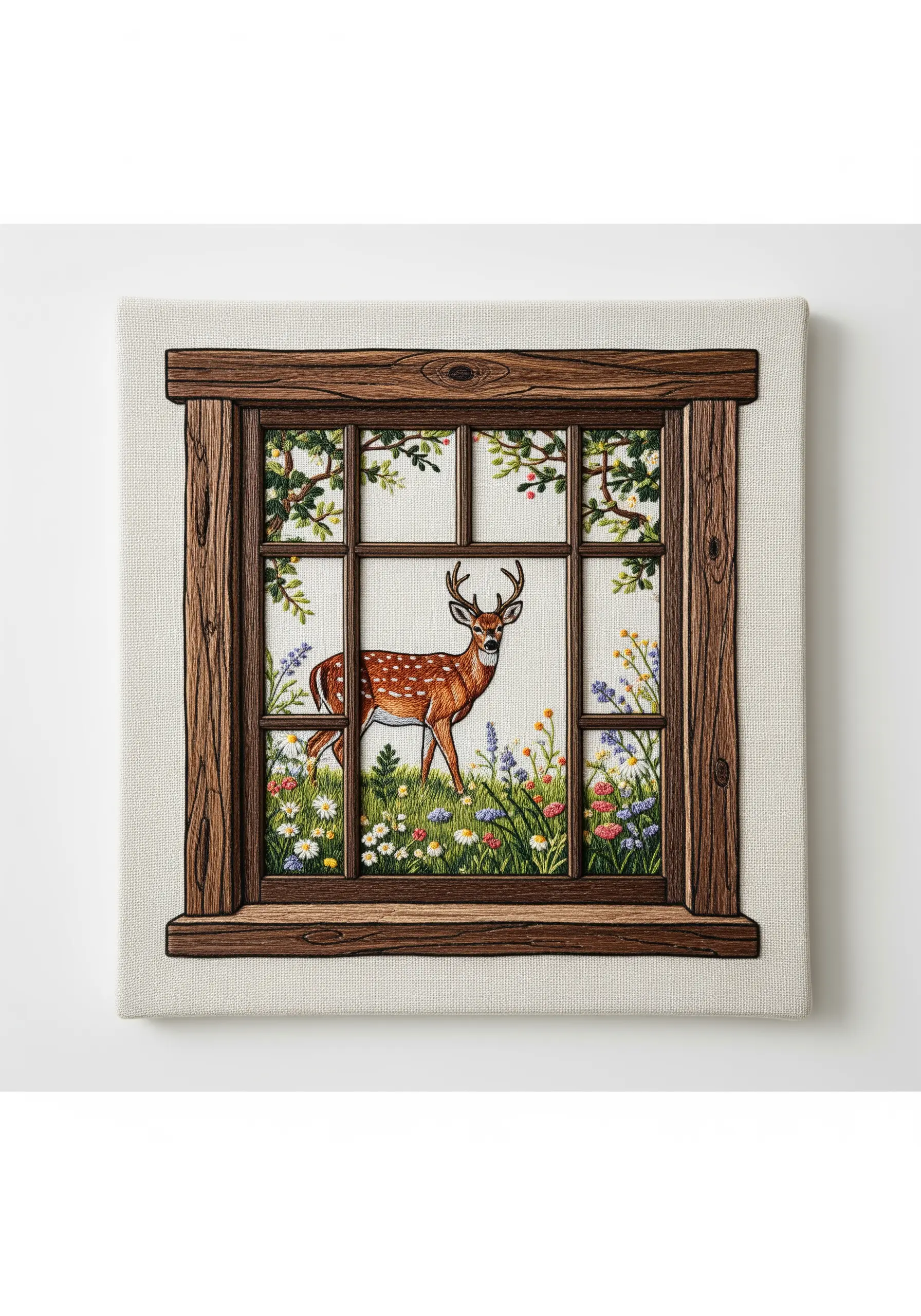 Embroidered deer in a meadow, viewed through a realistic stitched window frame